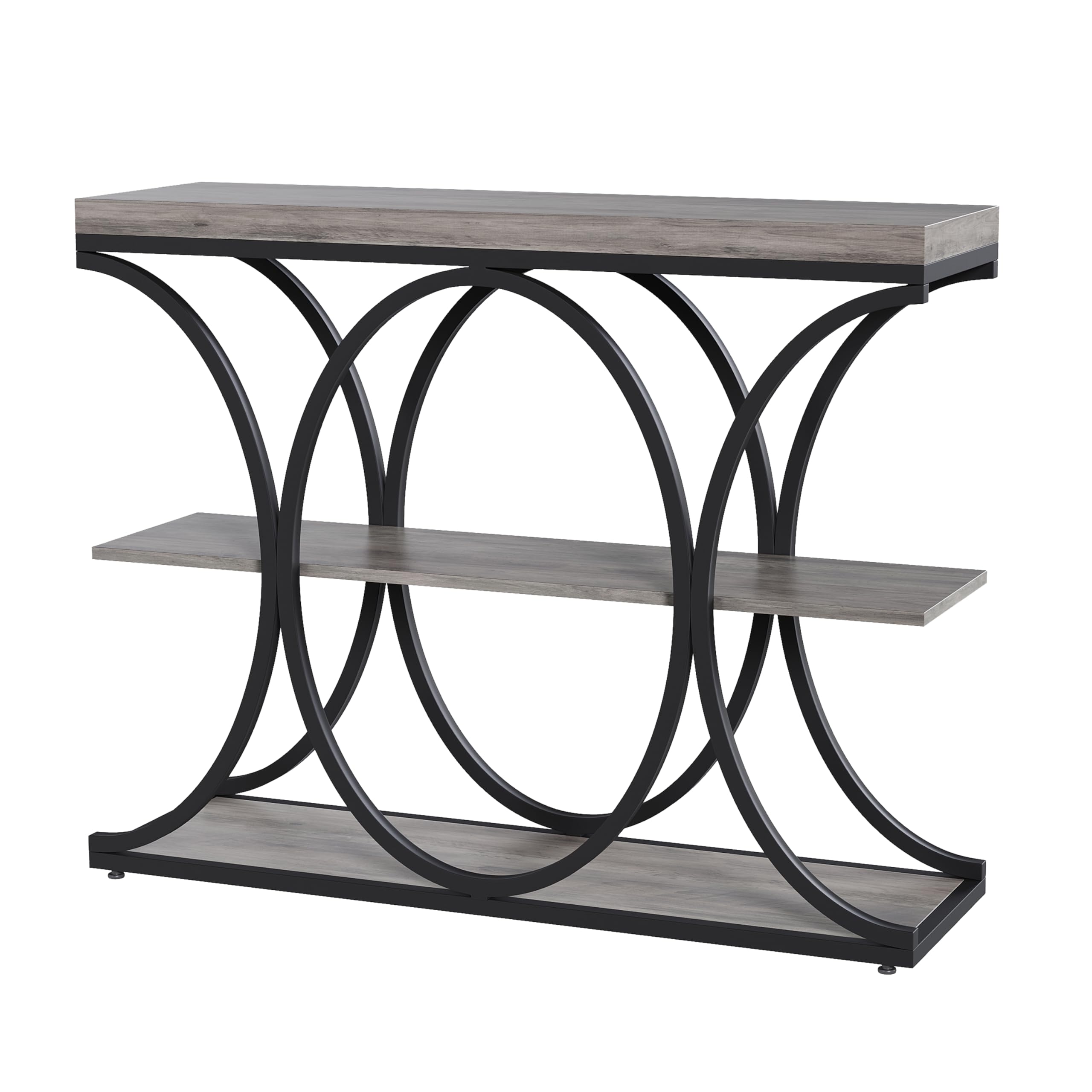 Back. Qeetex - 3-Tier Industrial Entryway Table with Oval-Shaped Metal Frame & Adjustable Feet, 39" Sofa Console Table - Gray.