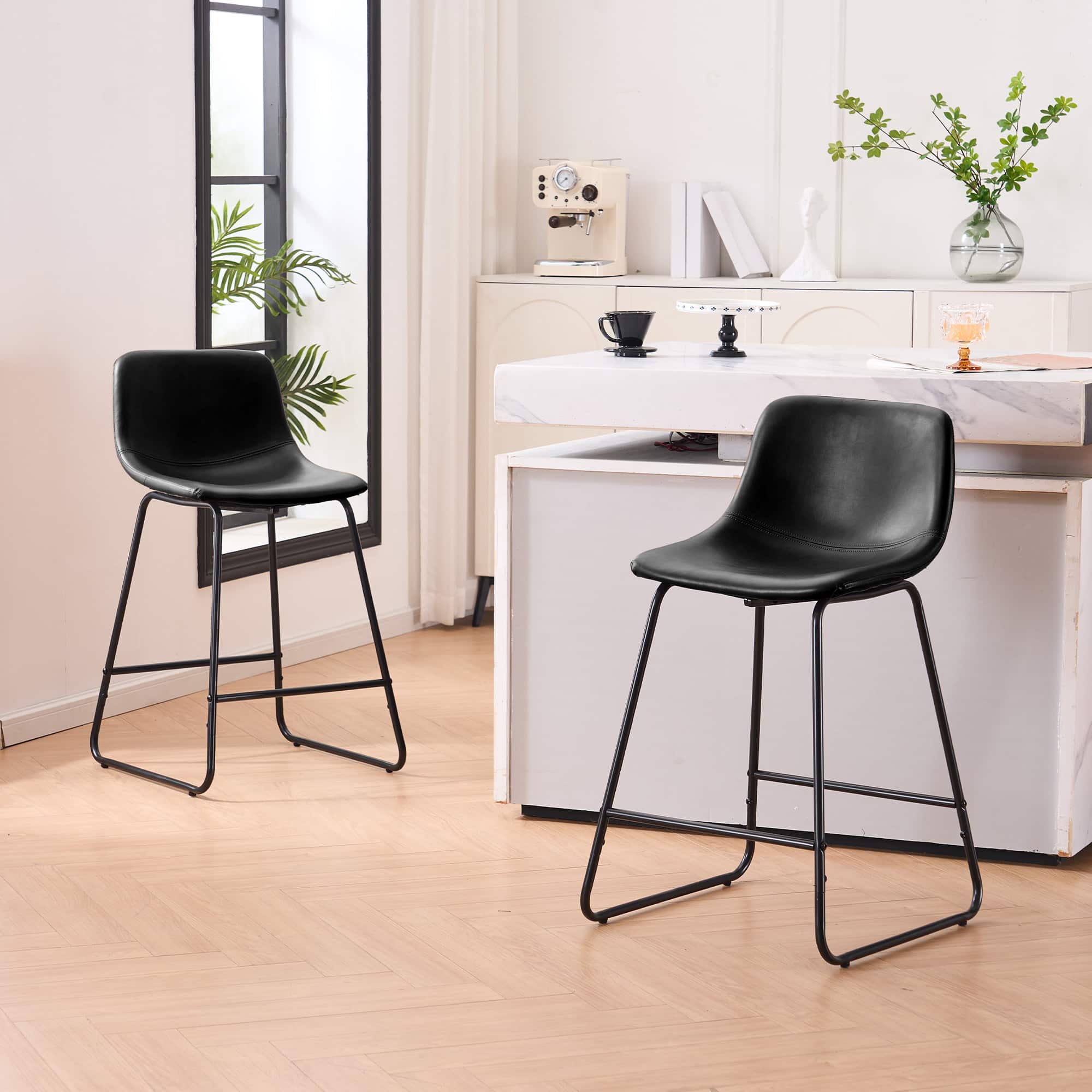 FERPIT - Bar Stools Set of 2 Faux Leather Counter Height Bar Stools with Back, 30" - Black