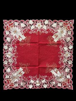 Jiallo - Poinsettia Embroidered Cutwork Square Tablecloth, 44 inch square Table Linen - Red