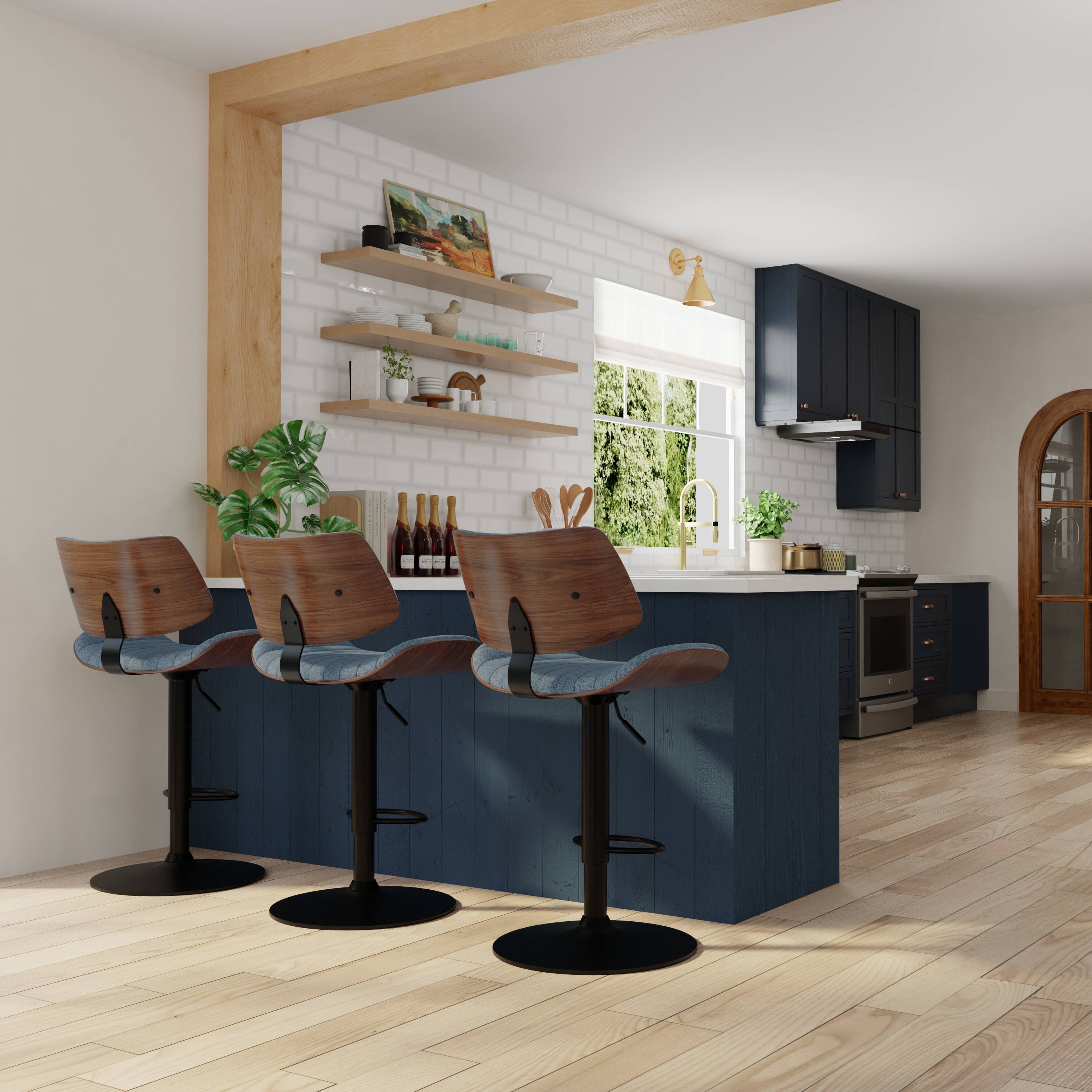 Angle. Simpli Home - Novak Mid Century Modern 33 inch Adjustable Swivel Bar Stool in Denim Blue Woven Polyester Fabric - Denim Blue.