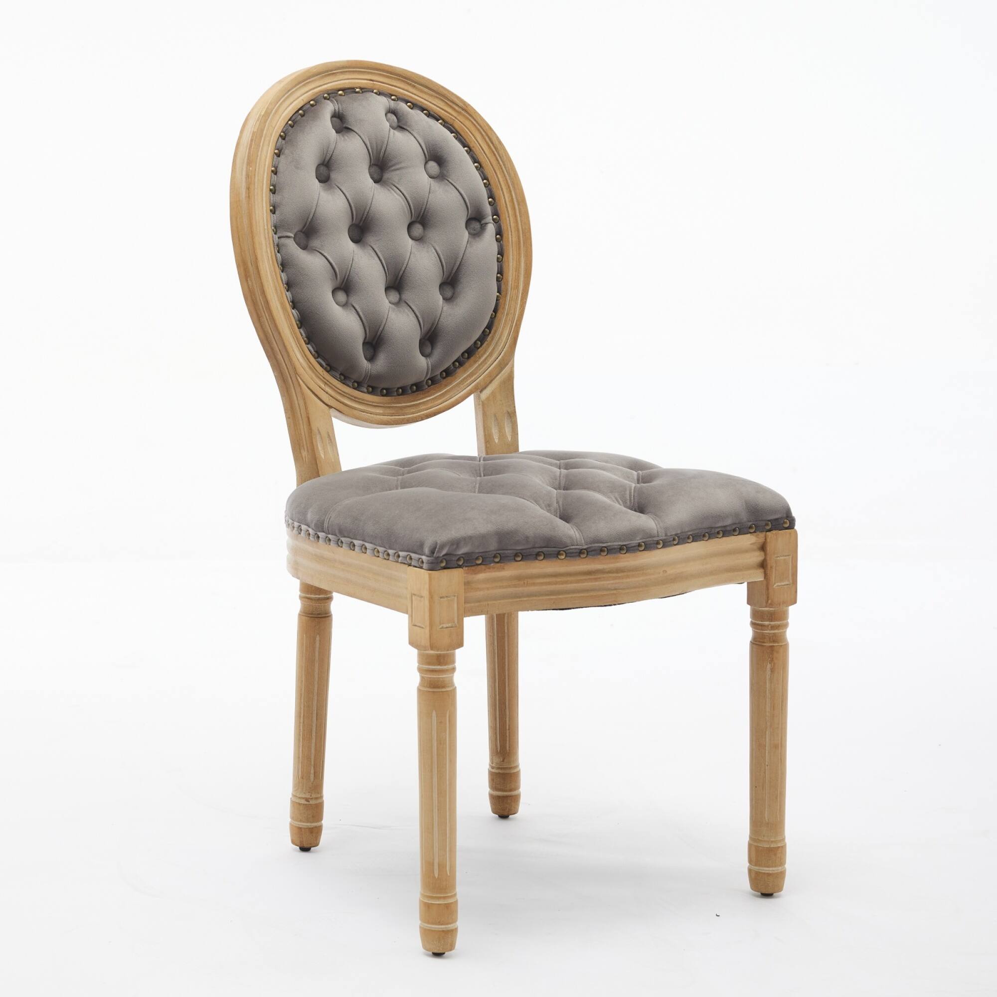 Back. GOODSILO - French Style Solid Wood Frame Antique Dining Chairs with Hand-Pulled Buckle Decoration and Nailhead Trim, Set of 2 - Gray.