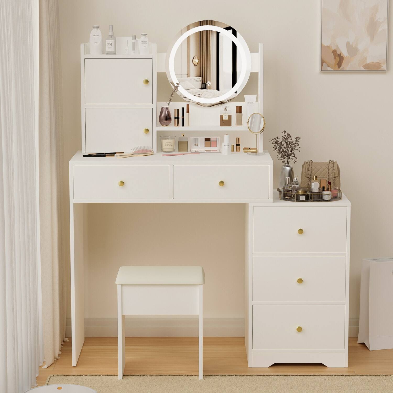 Front. Lirago - White Dresser Table Desk with Mirror Lights Wood Dressing Table Vanity 15.75”D x 47.24”W x 52.4”H - White.