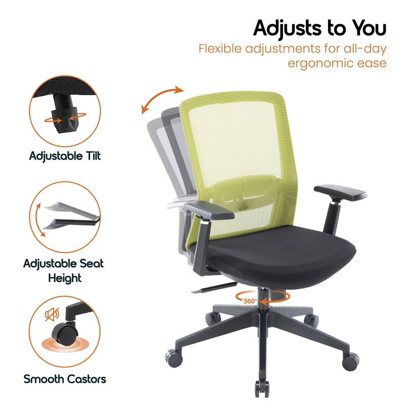 Adjusts to You  
Flexible adjustments for all-day ergonomic ease  
Adjustable Tilt  
Adjustable Seat Height  
360° Smooth Castors