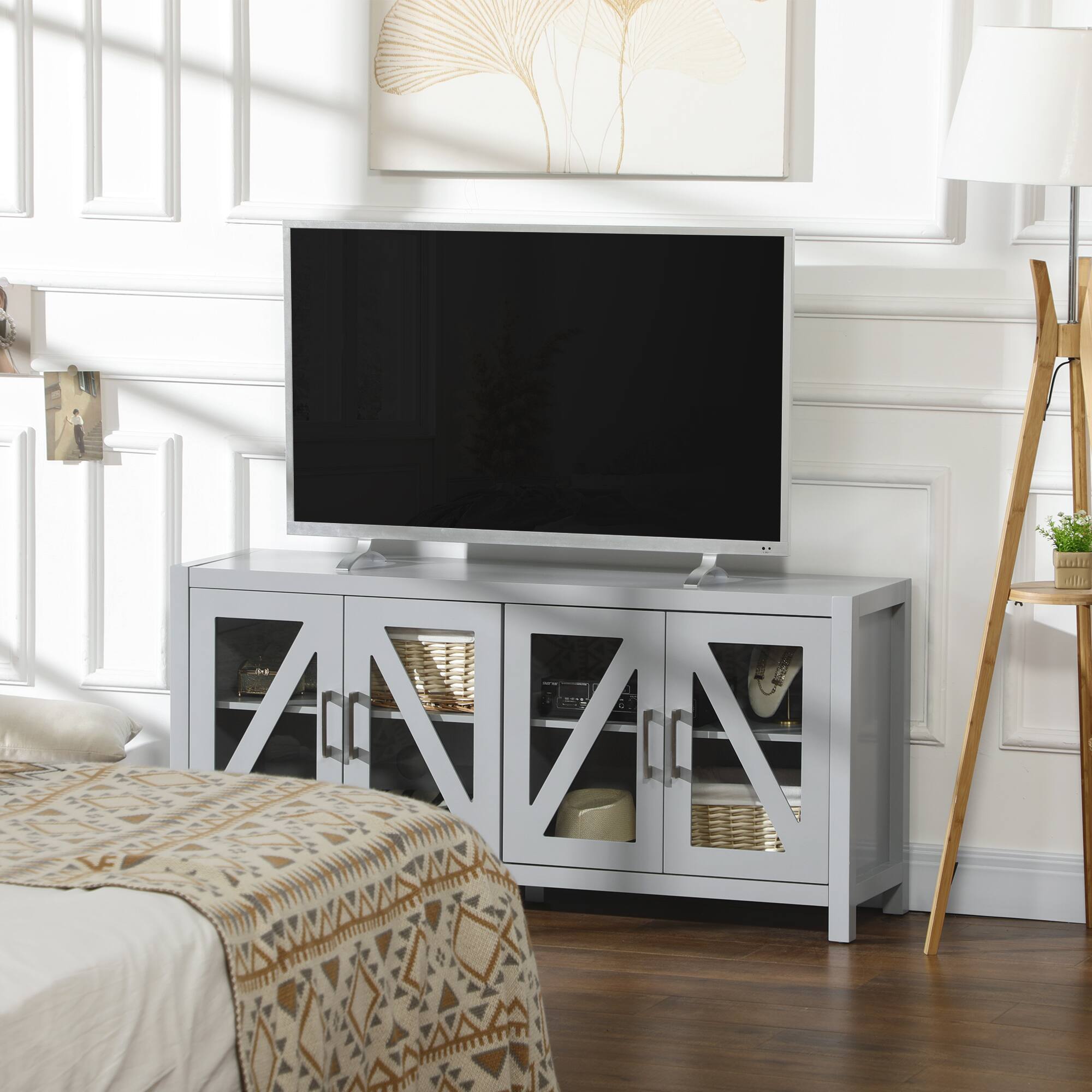 Angle. Homcom - TV Cabinet for up to 58" TVs, 4 Glass Doors - Gray.