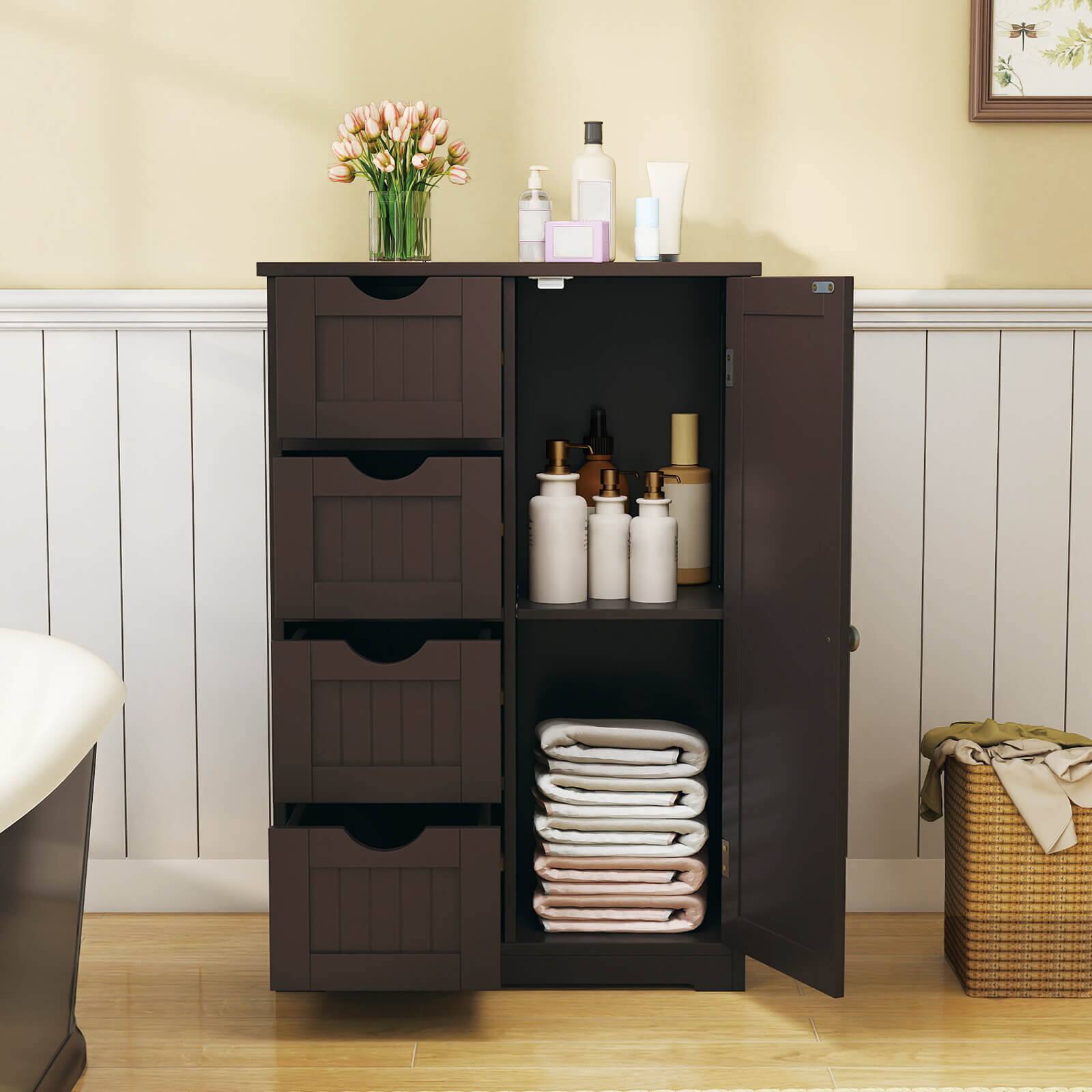 Alt View 1. Costway - Costway Bathroom Storage Wooden 4 Drawer Cabinet Cupboard 2 Shelves Free Standing - Brown.