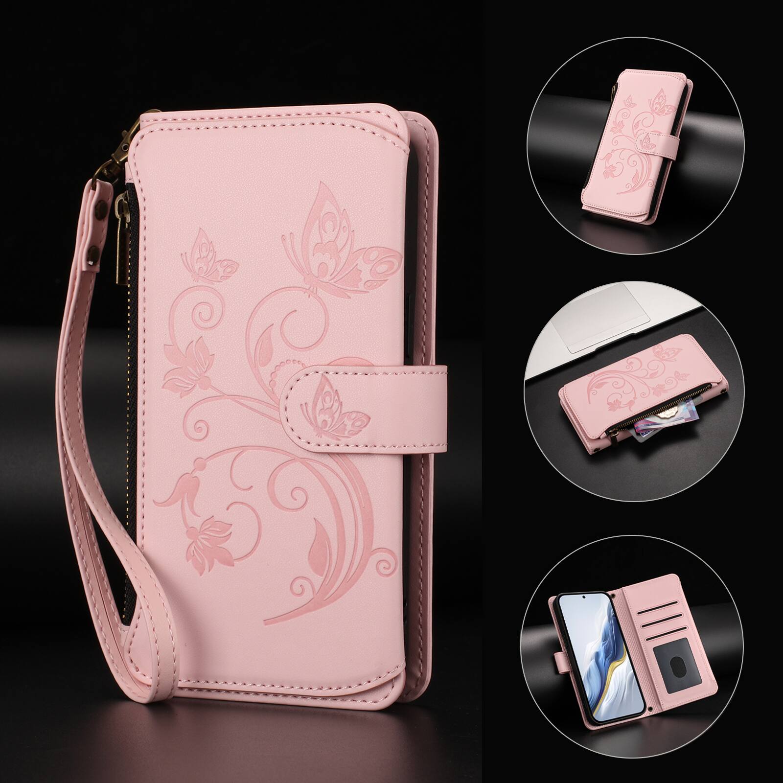 Alt View 5. Dteck - Crossbody Wallet Case for Samsung Galaxy A17 5G,Embossed Butterfly Flower Folio Cover with Zipper Pocket+Strap - Pink.