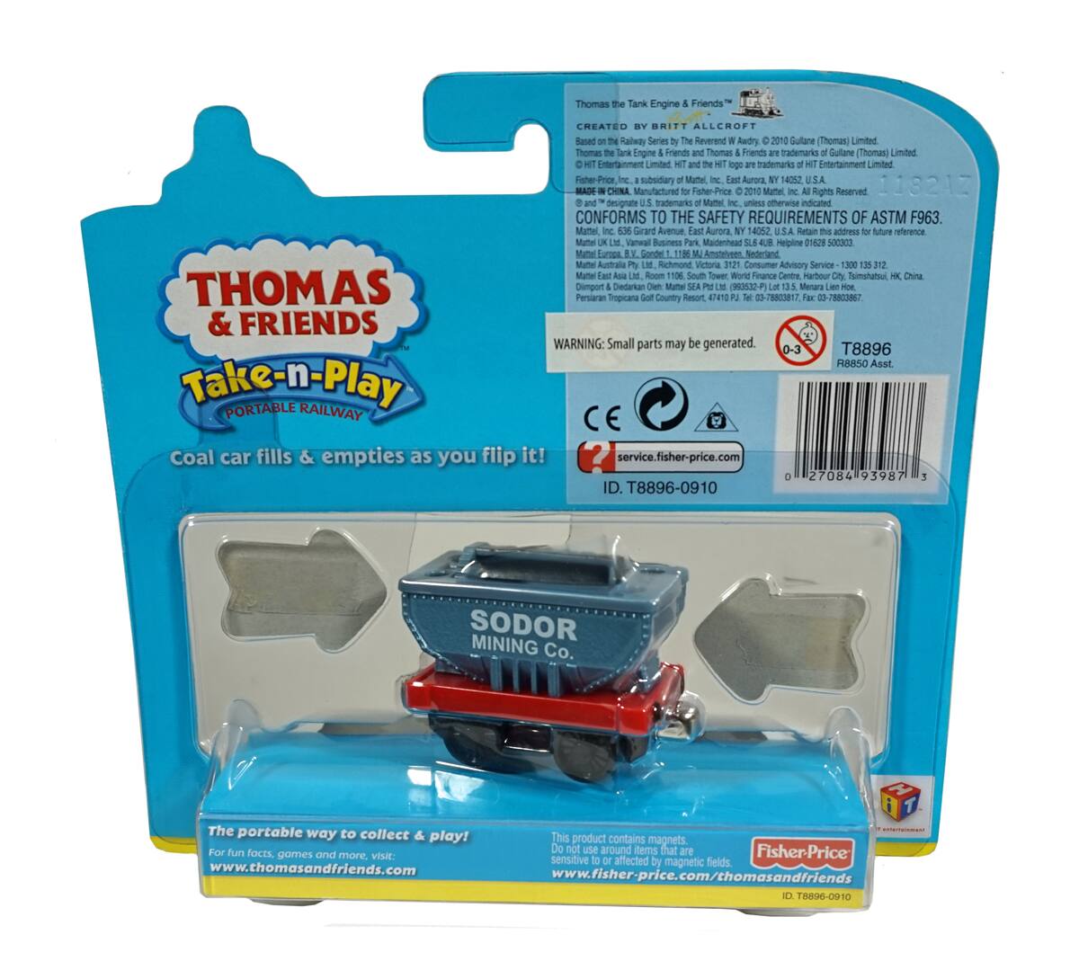 Thomas the Tank Engine & Friends  
Created by Britt Allcroft  
Based on the Railway Series by the Reverend W. Awdry © 2010 Gullane (Thomas) Limited  
Thomas the Tank Engine & Friends and Thomas & Friends are trademarks of Gullane (Thomas) Limited  
Fisher-Price Inc., a subsidiary of Mattel, Inc. © 2010 Mattel, All Rights Reserved.  
MADE IN CHINA  
Manufactured for Fisher-Price Inc. © 2010 Mattel, All Rights Reserved.  
CONFORMS TO THE SAFETY REQUIREMENTS OF ASTM F963  
Mattel, Inc., 636 Grard Avenue, East Aurora, NY 14052 USA  
Mattel (UK) Limited, Ruskin Park, Maidenhead, Berkshire SL6 1AD, UK  
Mattel Australia Pty Ltd, 101-103 Richmond Road, Richmond, Victoria 3141, Australia  
Mattel Asia Limited, Room 1106, South Tower, Finance Centre, Harbour City, Tsimshatsui, Kowloon, Hong Kong  
Mattel (Malaysia) Sdn. Bhd.,