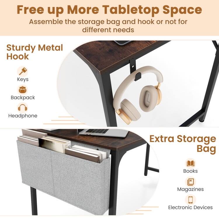 Free up More Tabletop Space  
Assemble the storage bag and hook or not for different needs  

Sturdy Metal Hook  
- Keys  
- Backpack  
- Headphone  

Extra Storage Bag  
- Books  
- Magazines  
- Electronic Devices
