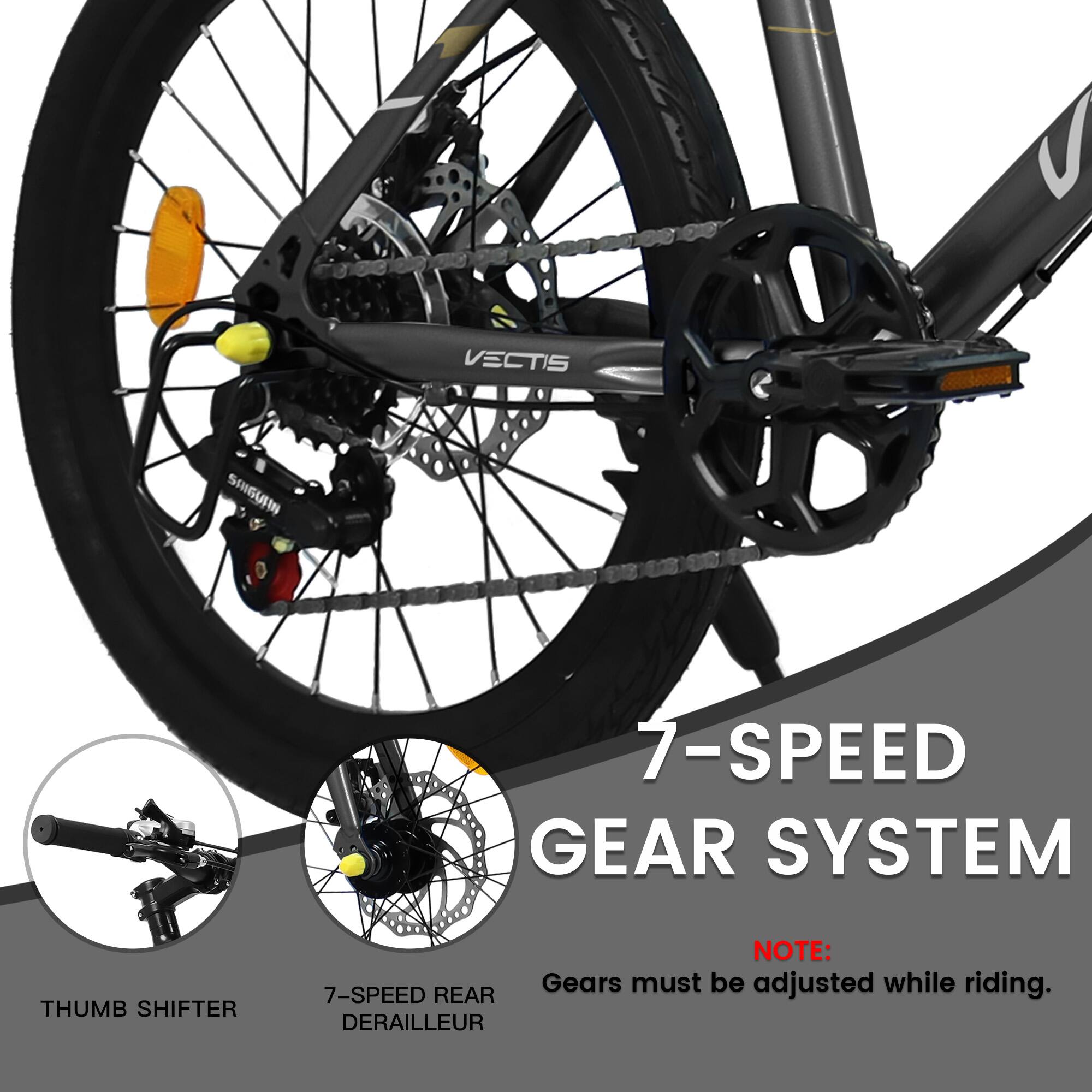 7-SPEED GEAR SYSTEM

THUMB SHIFTER

7-SPEED REAR DERAILLEUR

NOTE: Gears must be adjusted while riding.