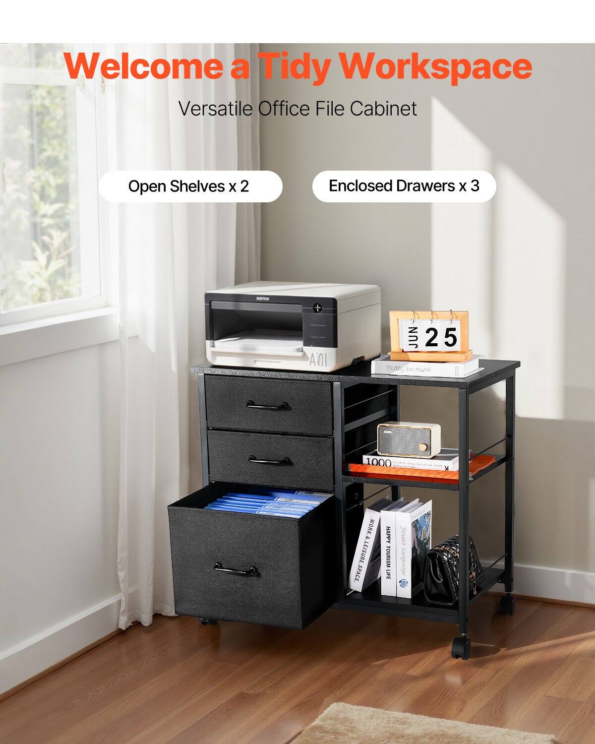 Welcome a Tidy Workspace  
Versatile Office File Cabinet  

Open Shelves x 2  
Enclosed Drawers x 3  

WORK & LEISURE SPACE  
HAPPY TOURISM LIFE  
Jlower lovguog