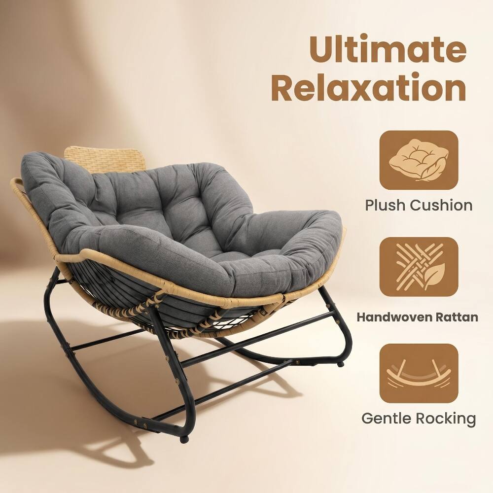 Ultimate Relaxation  
Plush Cushion  
Handwoven Rattan  
Gentle Rocking