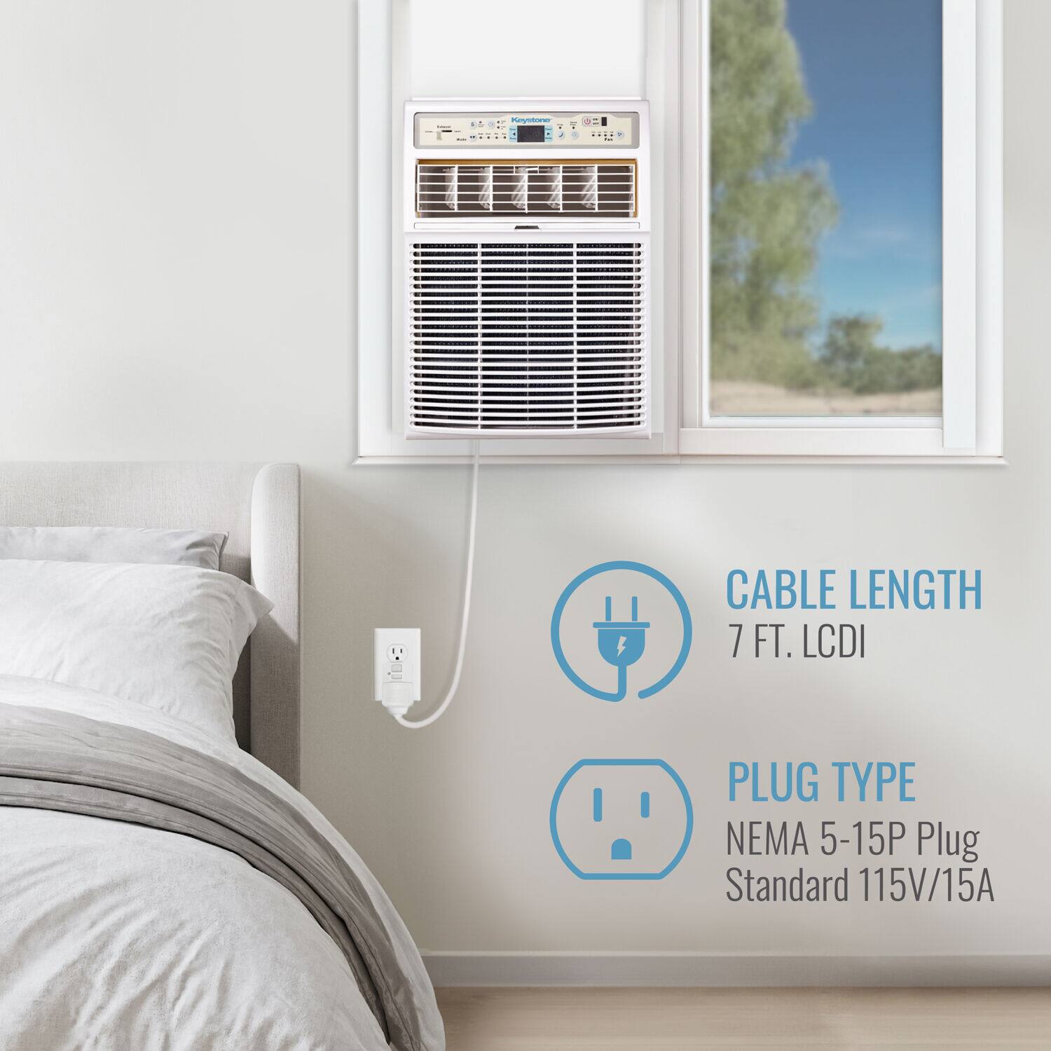 The image shows a bedroom with a bed, a window, and a wall-mounted air conditioner. The air conditioner is connected to the wall with a cord, and there is a plug-in type displayed next to it. The text on the image states that the cable length is 7 feet, the plug type is NEMA 5-15P, and it is a standard 115V/15A plug.
