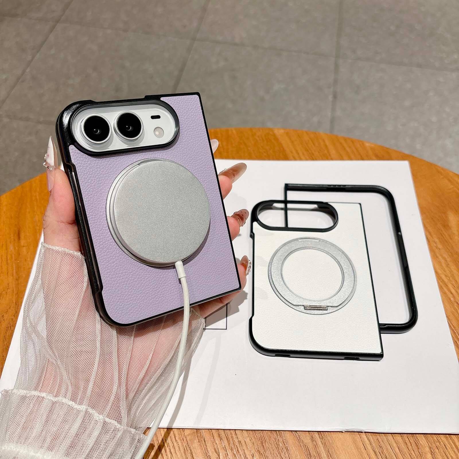 Back. Dteck - for Apple iPhone Duo Magnetic Lychee Texture Case,Shock-absorbent Rugged Protective Cover with 360 Rotating Kickstand - Orange.