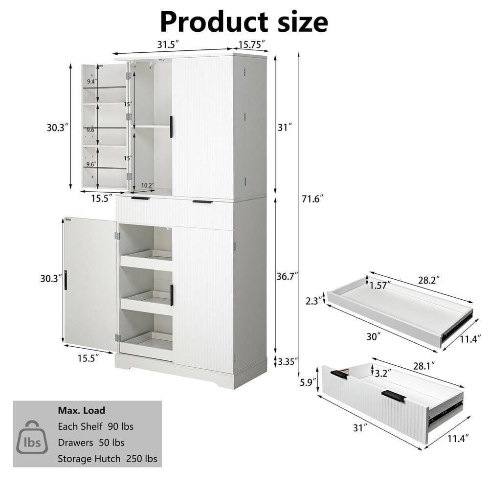 Product size

- Width: 31.5"
- Depth: 15.75"
- Height: 71.6"
- Shelf Dimensions:
  - Top Shelf: 30.3" x 9.6"
  - Middle Shelf: 30.3" x 9.6"
  - Bottom Shelf: 30.3" x 9.6"
- Drawer Dimensions:
  - Top Drawer: 31" x 11.4" x 3.2"
  - Bottom Drawer: 31" x 11.4" x 3.2"
- Storage Hutch:
  - Width: 31"
  - Depth: 15.5"
  - Height: 36.7"
  - Drawer Dimensions: 28.2" x 11.4" x 1.57"

Max. Load
- Each Shelf: 90 lbs
- Drawers: 50 lbs
- Storage Hutch: 250 lbs