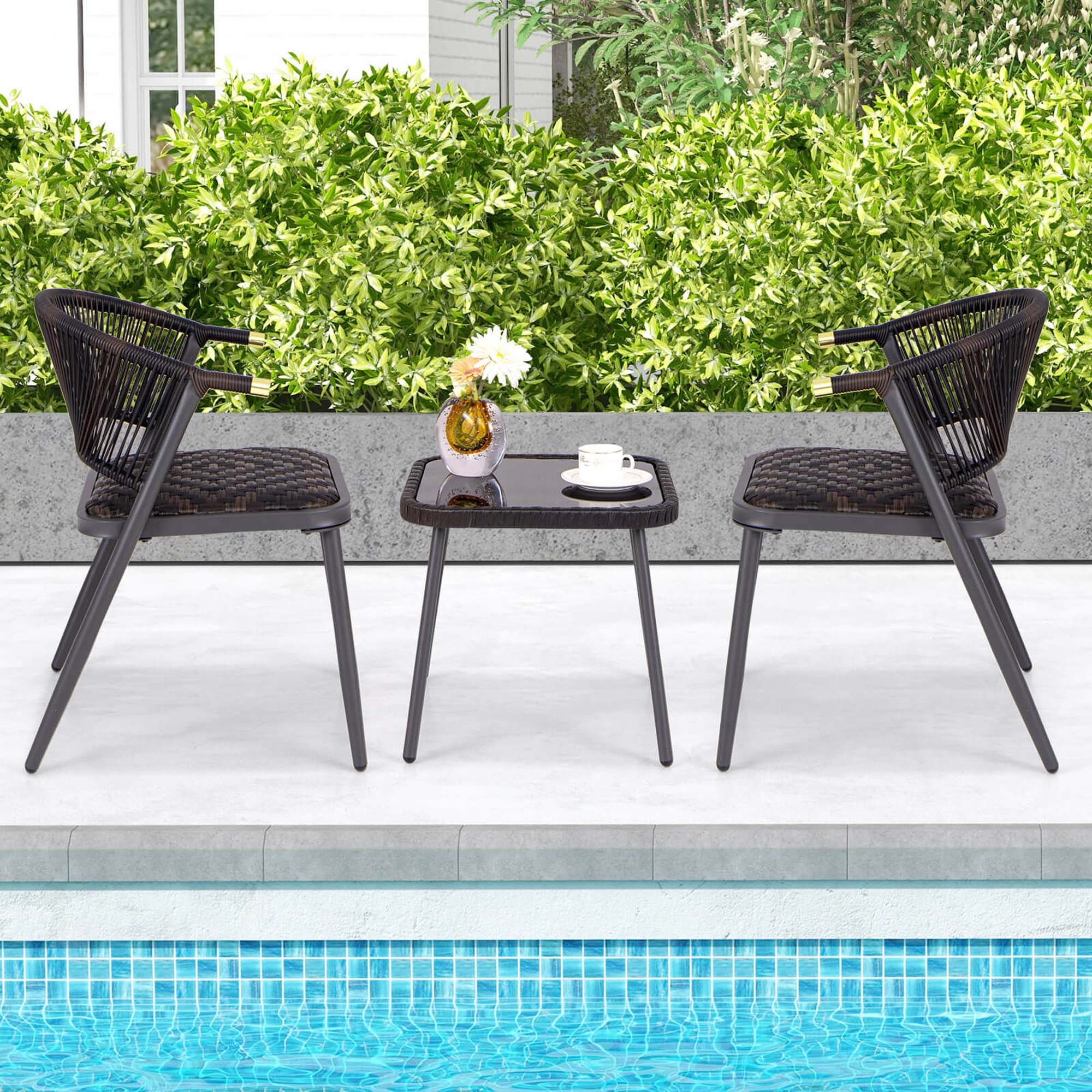 Back. Costway - 3 PCS Patio Rattan Furniture Set with Tempered Glass Tabletop Wicker Seat - Mix Brown + Black.