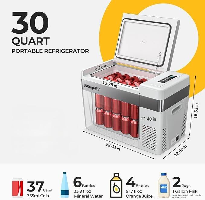 30 QUART PORTABLE REFRIGERATOR

- 9.76 in
- 13.78 in
- 12.40 in
- 15.53 in
- 22.44 in
- 12.60 in

- 37 Cans 355ml Cola
- 6 Bottles 33.8 fl oz Mineral Water
- 4 Bottles 51.7 fl oz Orange Juice
- 2 Jugs 1 Gallon Milk

Must be stored horizontally, not vertically.