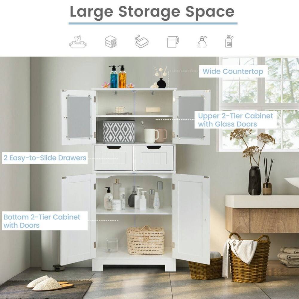 Large Storage Space  
Wide Countertop  
Upper 2-Tier Cabinet with Glass Doors  
2 Easy-to-Slide Drawers  
Bottom 2-Tier Cabinet with Doors