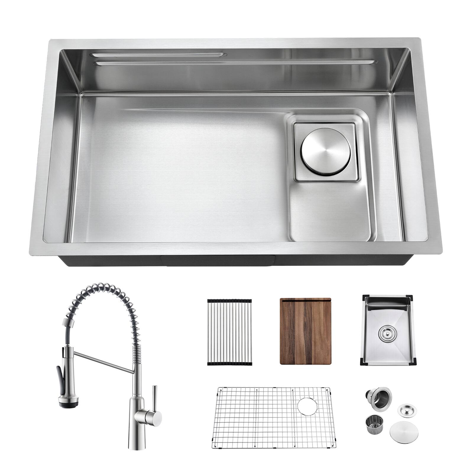Left. Akicon - Akicon 30 in. Undermount Workstation Single Bowl 18-Gauge Kitchen Sink and Faucet with Grid, Board and Accessories - Silver.