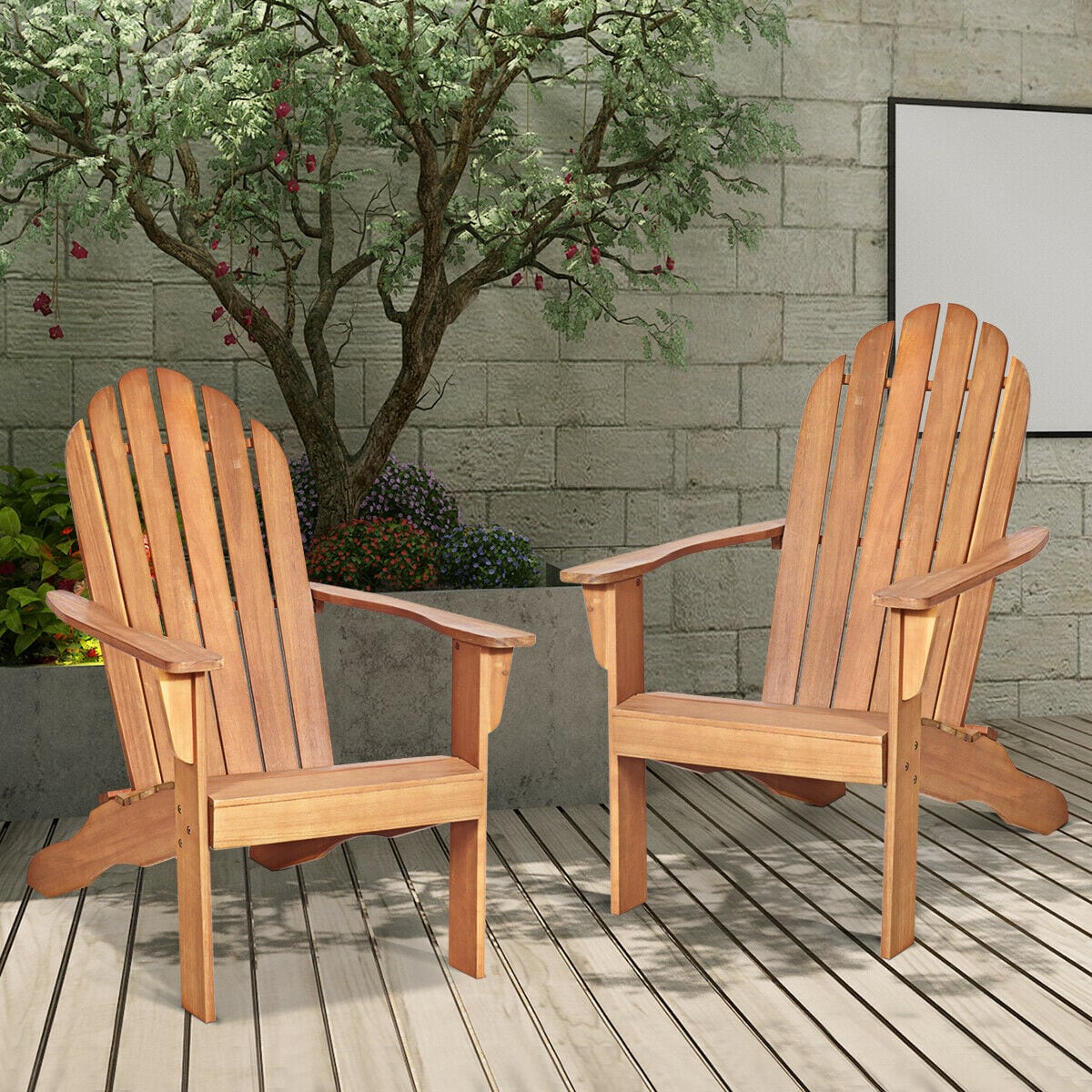 Gymax - 2PCS Wooden Classic Adirondack Chair Lounge Chair Outdoor Patio - Natural