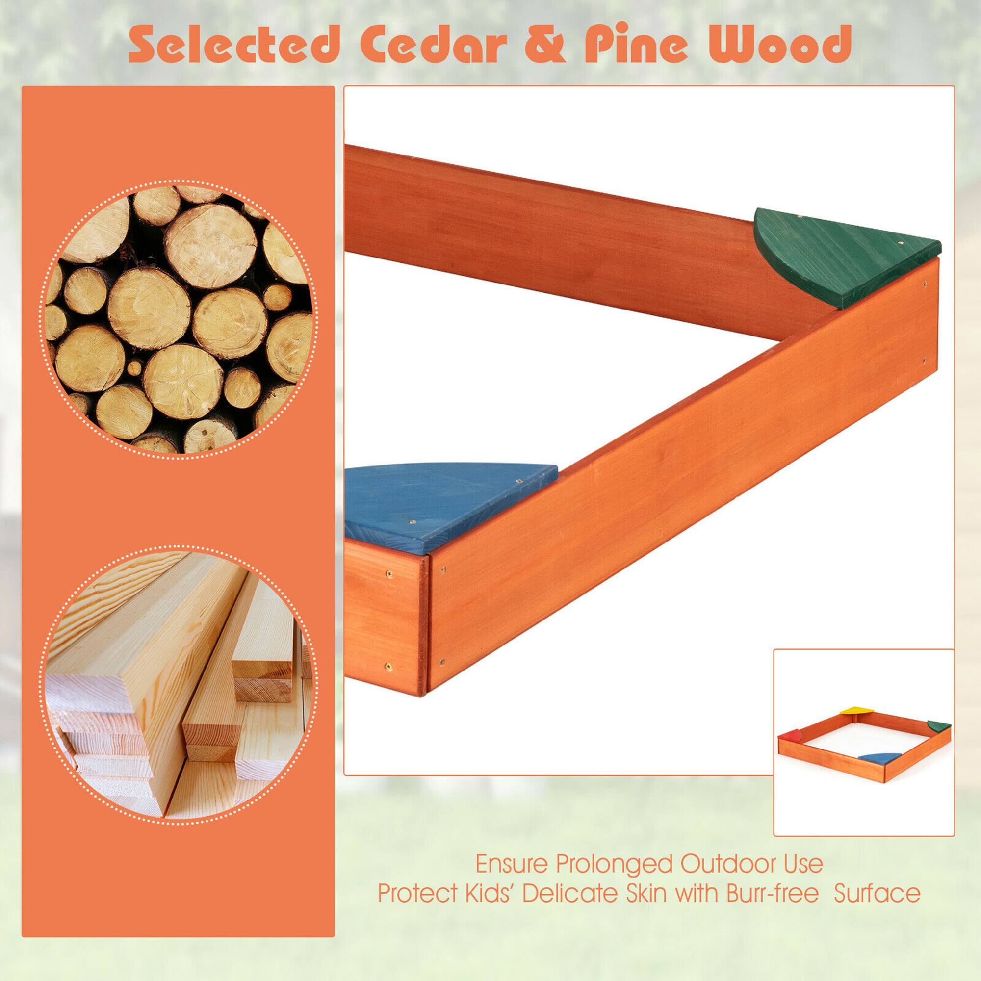 Selected Cedar & Pine Wood

Ensure Prolonged Outdoor Use  
Protect Kids' Delicate Skin with Burr-free Surface