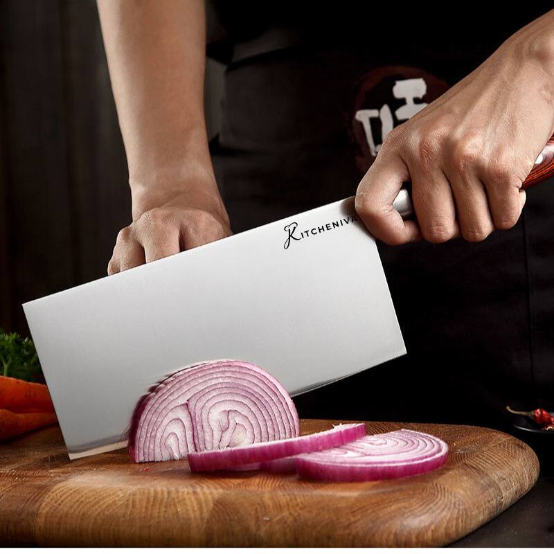 Angle. Kitcheniva - 8-Inch German Stainless Steel Kitchen Cleaver with Pakka Wood Handle.