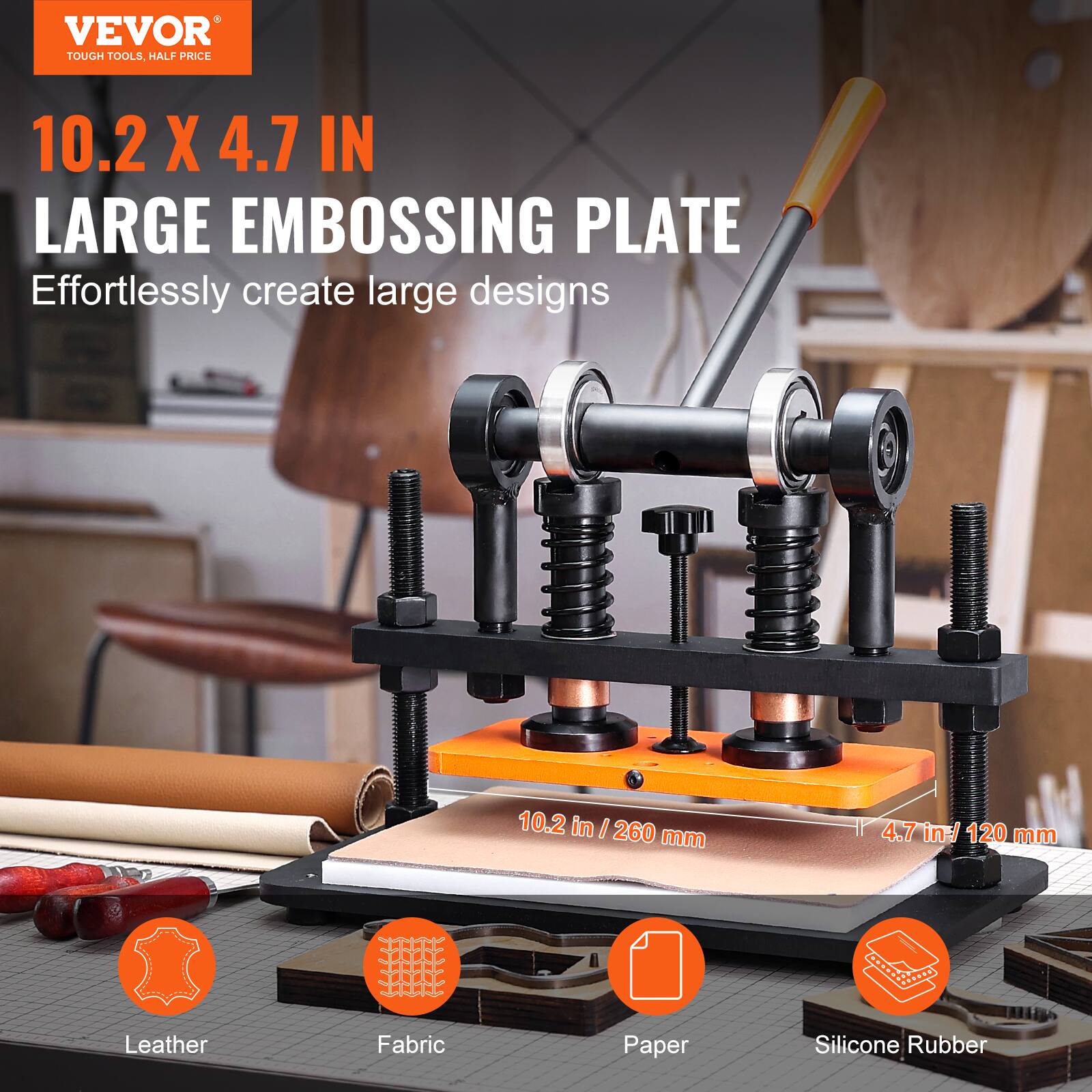 VEVOR TOUGH TOOLS, HALF PRICE

10.2 X 4.7 IN LARGE EMBOSSED PLATE
Effortlessly create large designs

10.2 in / 260 mm
4.7 in / 120 mm

Leather
Fabric
Paper
Silicone Rubber