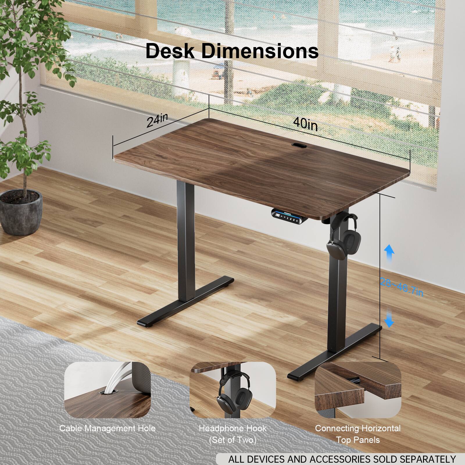 Desk Dimensions: 24in x 40in. Cable Management Hole, Headphone Hook (Set of Two), Connecting Horizontal Top Panels. All devices and accessories sold separately.