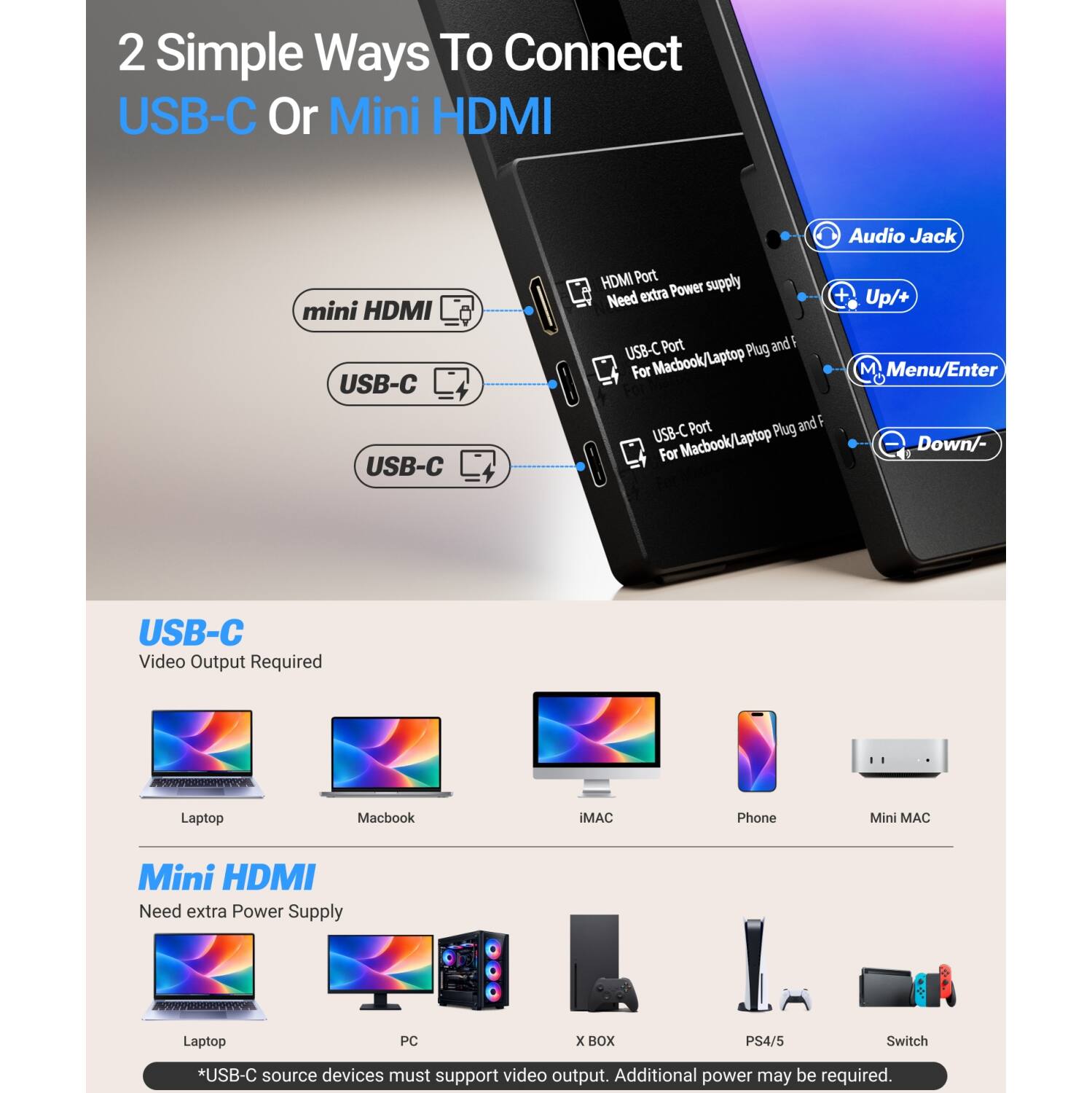 2 Simple Ways To Connect USB-C Or Mini HDMI

Audio Jack
mini HDMI USB-C USB-C
HDMI Port supply Need extra Power + Up/+ Port and F USB-C Macbook/Laptop Plug For M Menu/Enter Port and F USB-C Plug For Macbook/Laptop Down/
USB-C Video Output Required
Laptop
Macbook
MAC
Phone
Mini MAC
Mini HDMI Need extra Power Supply
Laptop
PC
X BOX
PS4/5
Switch
*USB-C source devices must support video output. Additional power may be required.