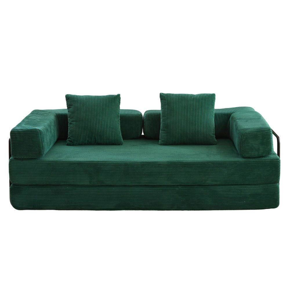 Left. Kadyn - Floor Couch Bed, Convertible Corduroy Fabric Sofa with Pillow Back Support, Compression Lounge Sleeper, Dark Green - Green.