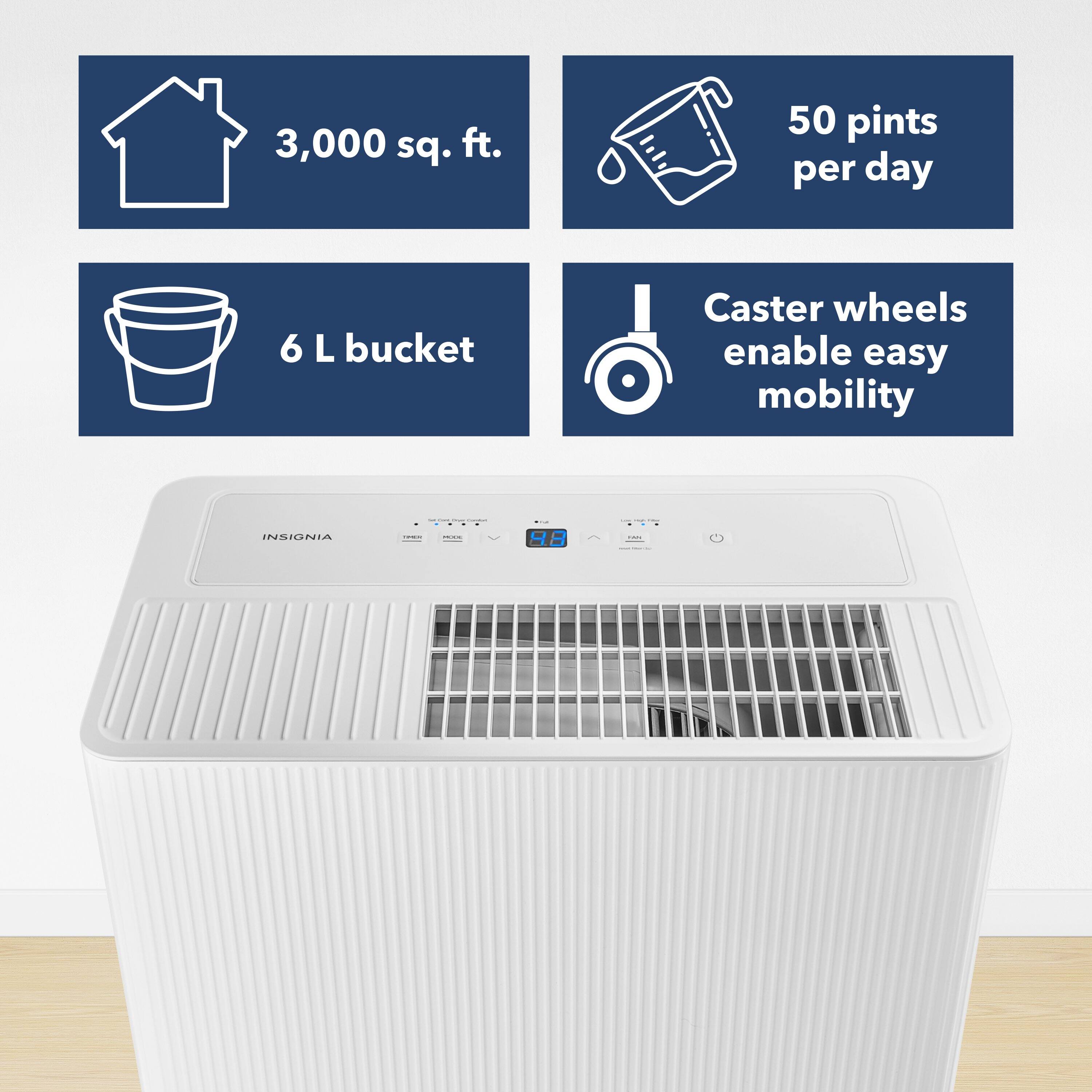 3,000 sq. ft.  
50 pints per day  
6 L bucket  
Caster wheels enable easy mobility