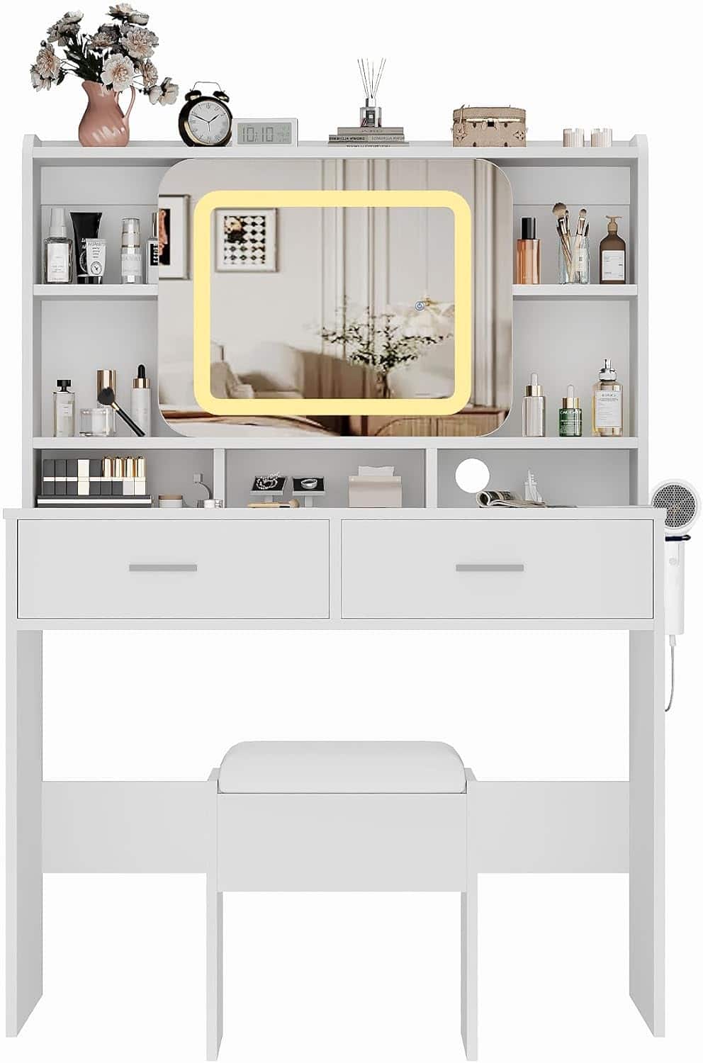 GARVEE - Vanity Sliding Desk and Stool with Mirror and Lights, Makeup Vanity with Charging Station, Drawers, Storage Shelves - White
