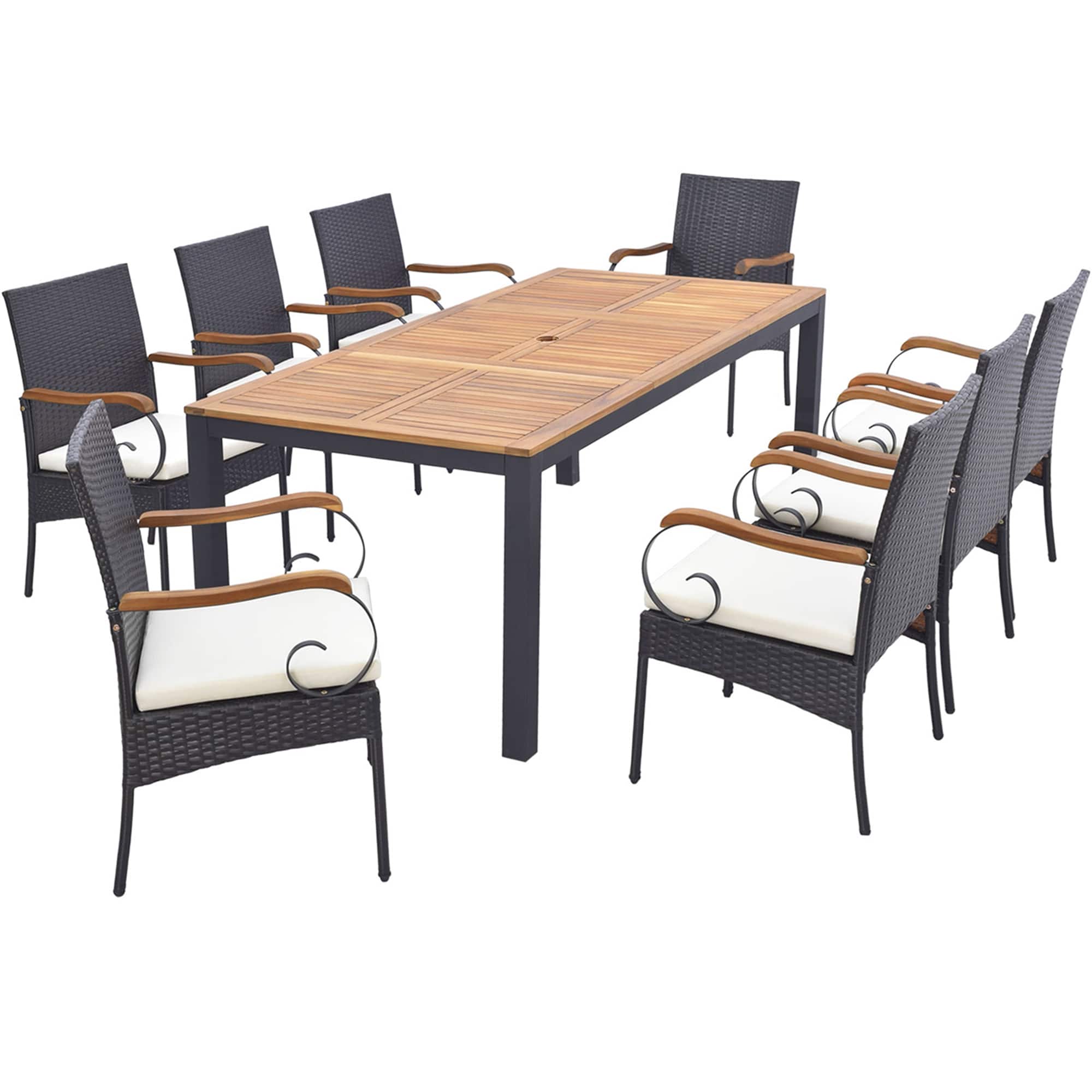 Gymax - 9 PCS Outdoor Dining Table w/ Acacia Wood Table & Cushions 1.9'' Umbrella Hole - Mix Brown, Off White price history on PriceWatchPro