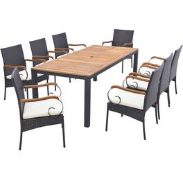 Gymax - 9 PCS Outdoor Dining Table w/ Acacia Wood Table & Cushions 1.9'' Umbrella Hole - Mix Brown, Off White
