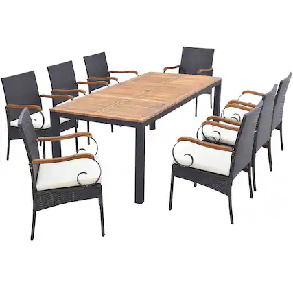 Front. Gymax - Gymax 9 PCS Outdoor Dining Table w/ Acacia Wood Table & Cushions 1.9'' Umbrella Hole - Mix Brown, Off White.