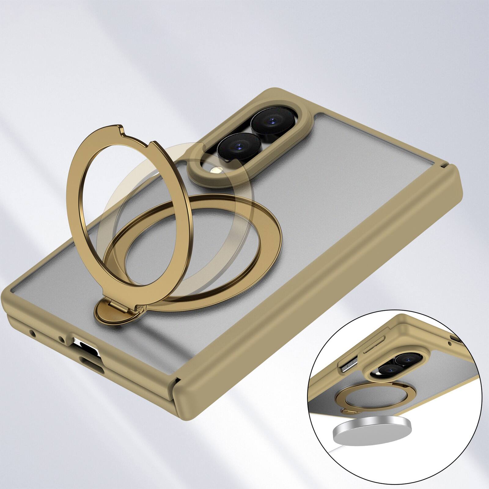 Alt View 1. Dteck - For Samsung Galaxy Z Fold8 Magnetic Case Built-in Screen Protector,Shockproof Ring Stand Clear Back Hinge Protect Cover - Gold.