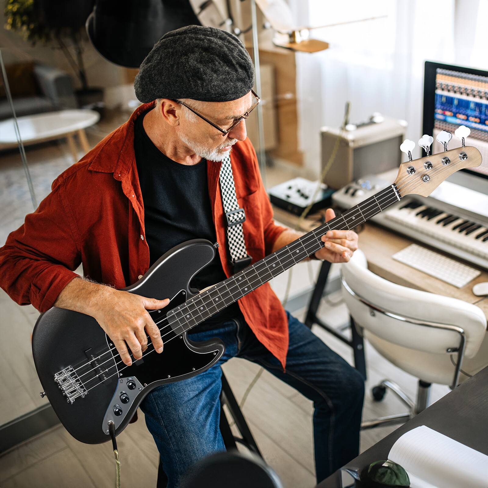 Left. Winado - 4 String Bass Guitar Full Size Electric Bass Guitar Starter Kit Portable Gip Bag, Premium Cable, Adjustable Strap.