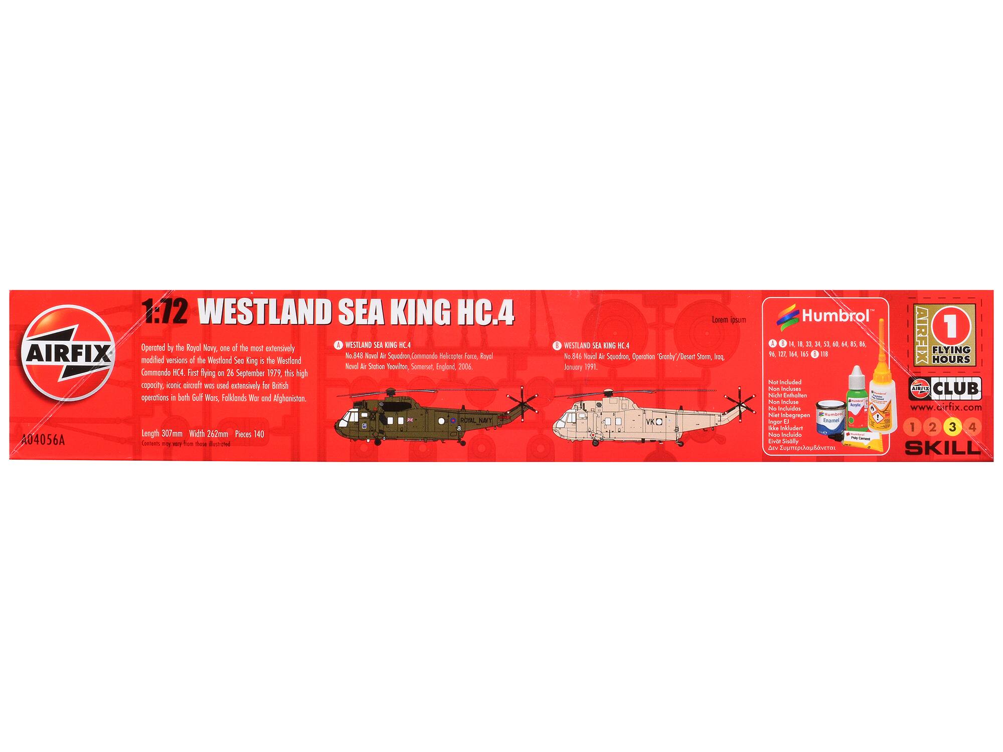 1:12 WESTLAND SEA KING HC.4  
Operated by the Royal Navy, one of the most extensively modified versions of the Westland Sea King is the Westland Novel Air Station Yeovilton, Somerset, England 2006.  
Commando HC.4. First flying on 26 September 1979, this high capacity, iconic aircraft was used extensively for British operations in both Gulf Wars, Falklands War and Afghanistan.  
Length 307mm Width 262mm Pieces 140  

WESTLAND SEA KING HC.4  
No. 848 Novel Air Squadron, Commando Helicopter Force, Royal Navy Air Station Yeovilton, Somerset, England 2006.  
WESTLAND SEA KING HC.4  
No. 846 Novel Air Squadron, Operation Granby/Desert Storm, Iraq, January 1991.  

Humbrol  
14, 18, 33, 35, 42, 53, 60, 64, 85, 86, 96, 127, 128, 165, 1