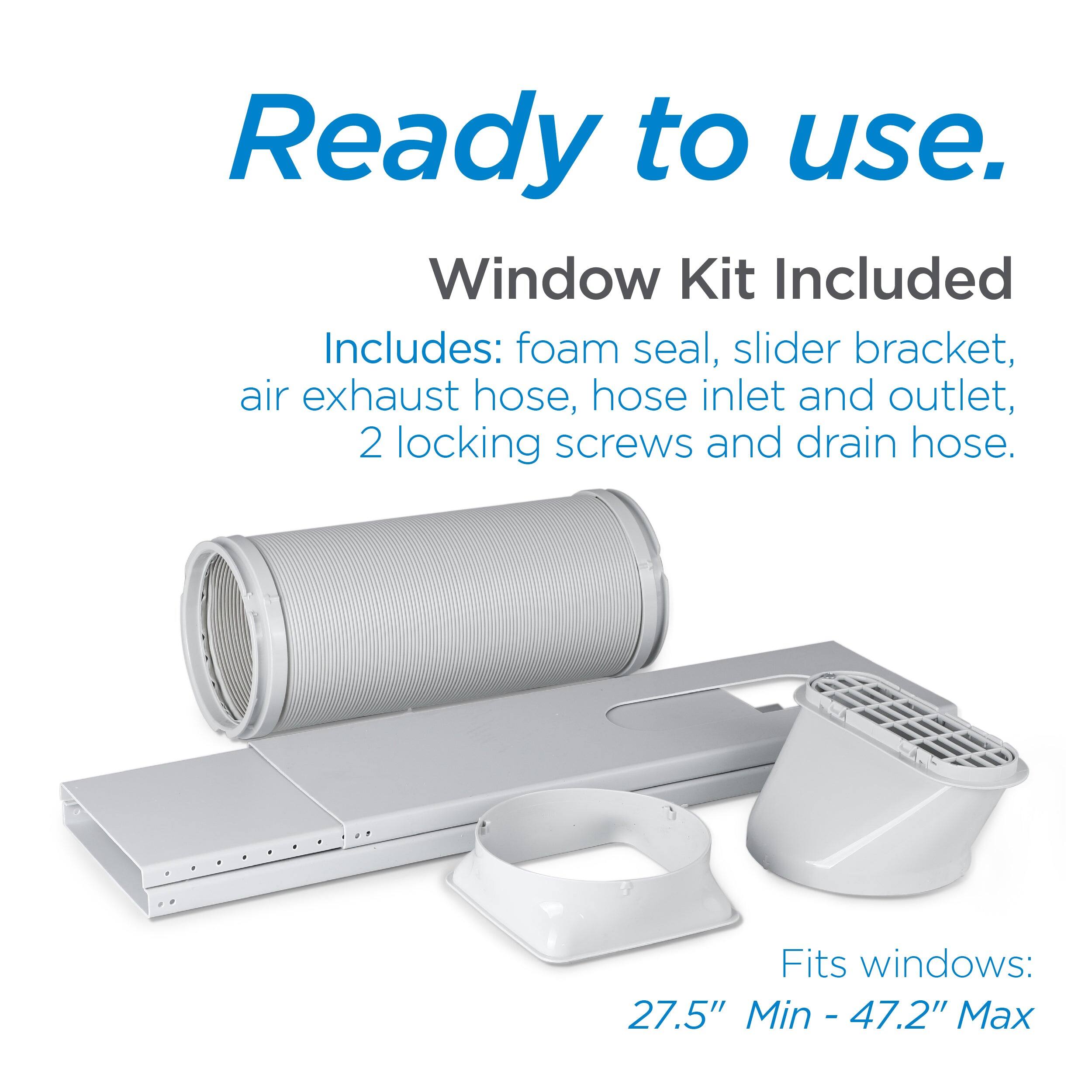Ready to use. Window Kit Included Includes: foam seal, slider bracket, air exhaust hose, hose inlet and outlet, 2 locking screws and drain hose. Fits windows: 27.5" Min - 47.2" Max.