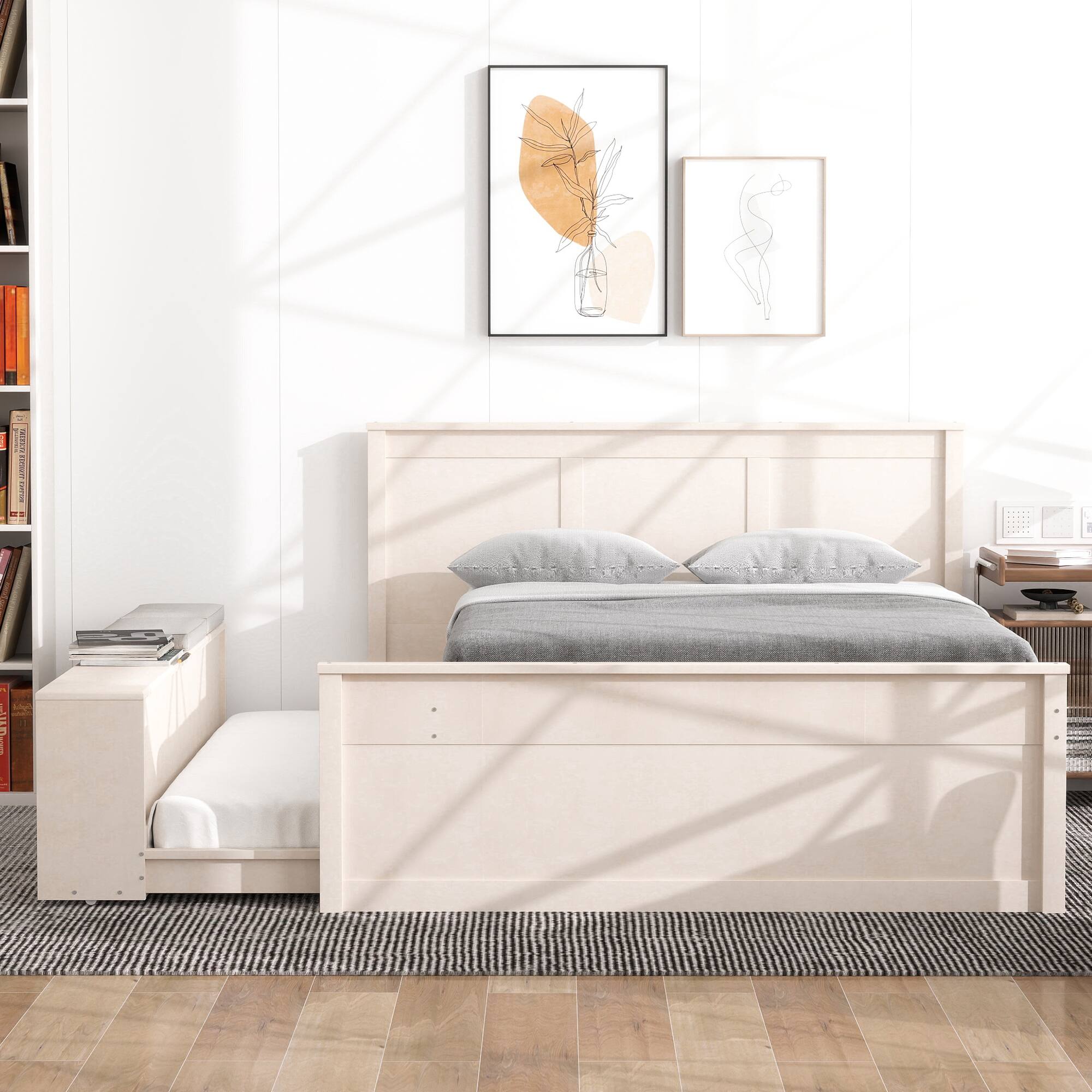 Left. Whisen - Wood Platform Bed with Pull-Out Trundle and Storage Shelves,Extendable Bed - Cream White.