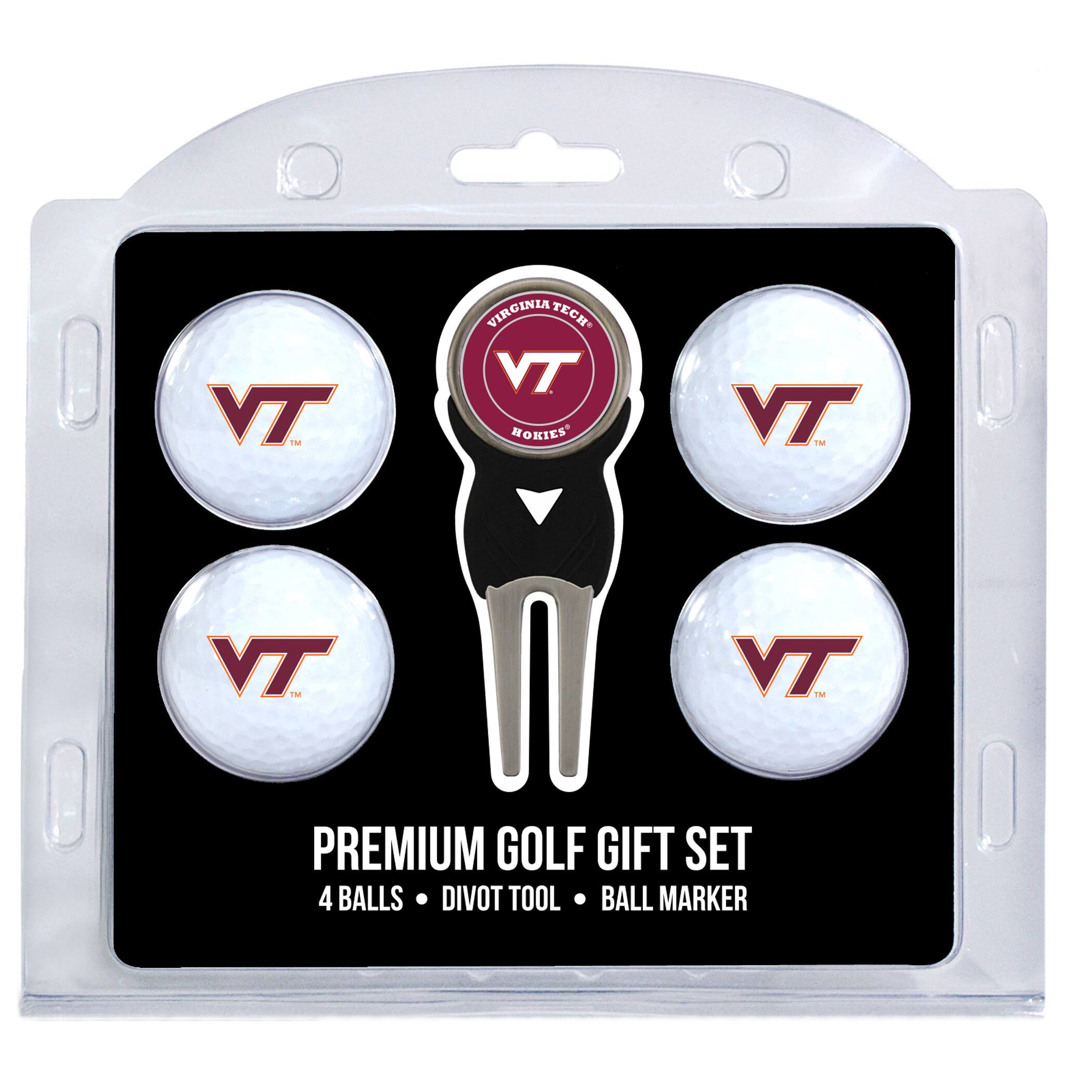 VT  
VIRGINIA TECH  
HOKIES  

PREMIUM GOLF GIFT SET  
4 BALLS • DIVOT TOOL • BALL MARKER