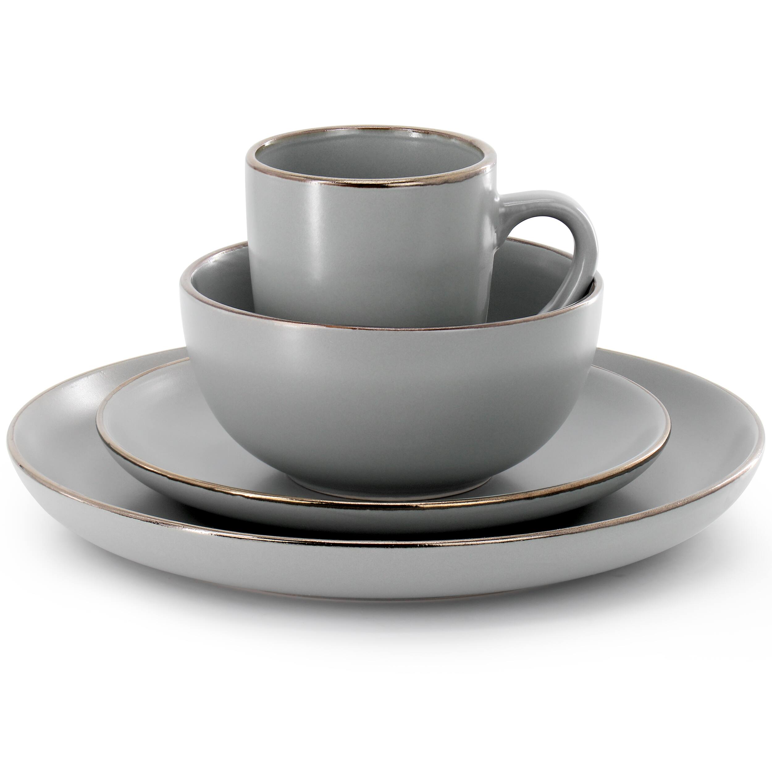 Alt View 1. Gibson - Gibson Home Rockaway 16 Piece Stoneware Gold Rimmed Dinnerware Set in Grey - Gray.