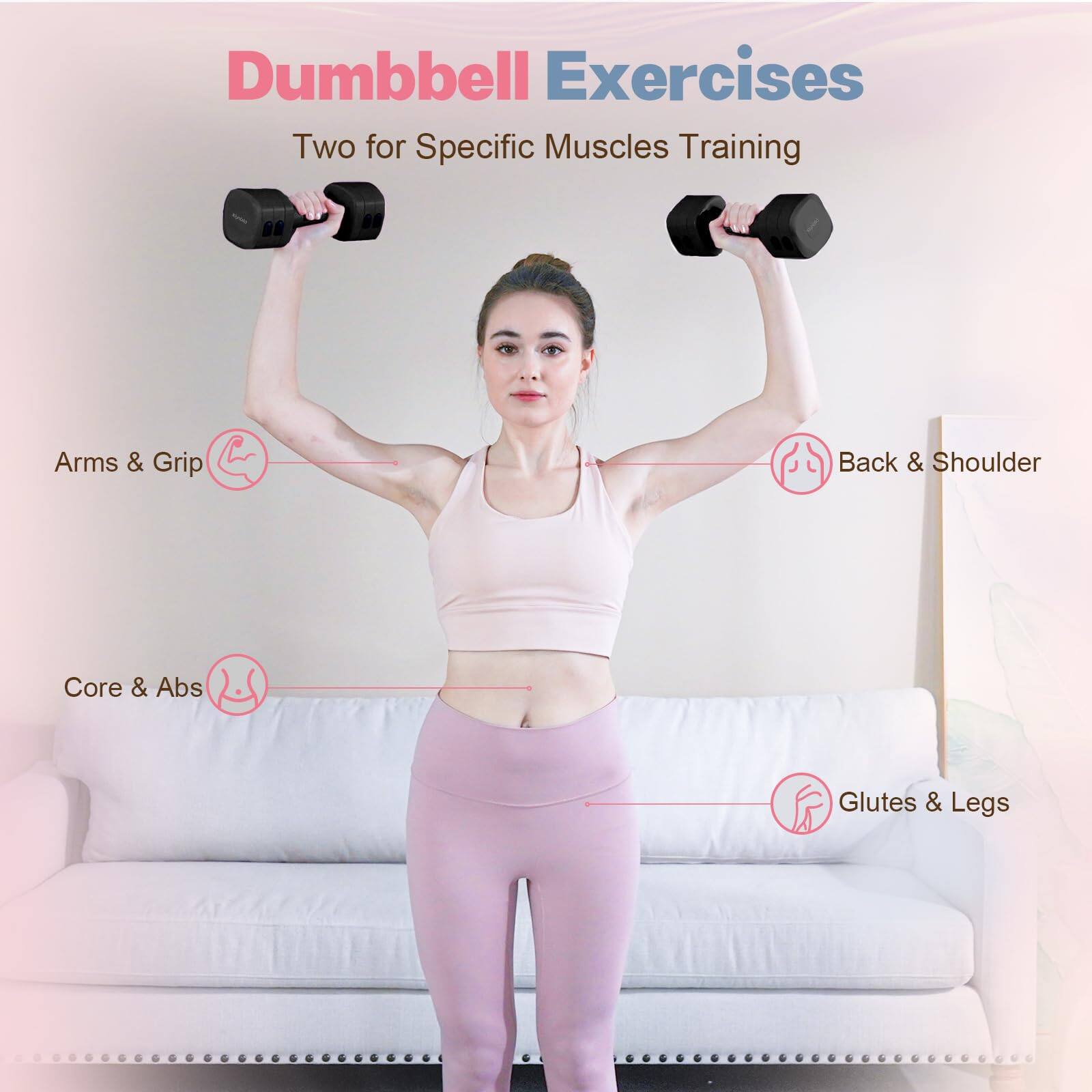 Dumbbell Exercises  
Two for Specific Muscles Training  

Arms & Grip  
Back & Shoulder  
Core & Abs  
Glutes & Legs