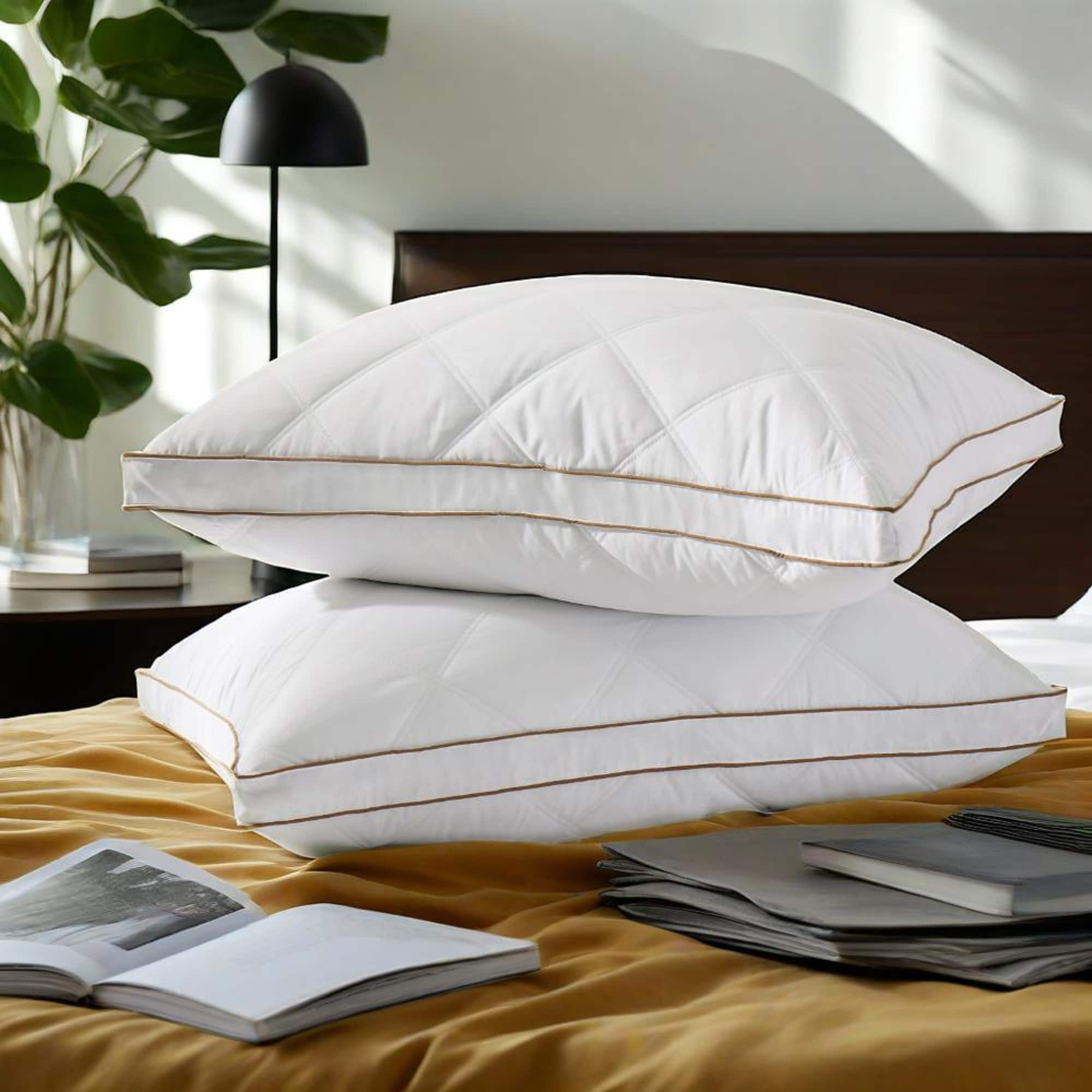 Peace Nest - Set of 2 Goose Feather and Down Gusseted Bed Pillow with Diamond Quilting Breathable Cover - White