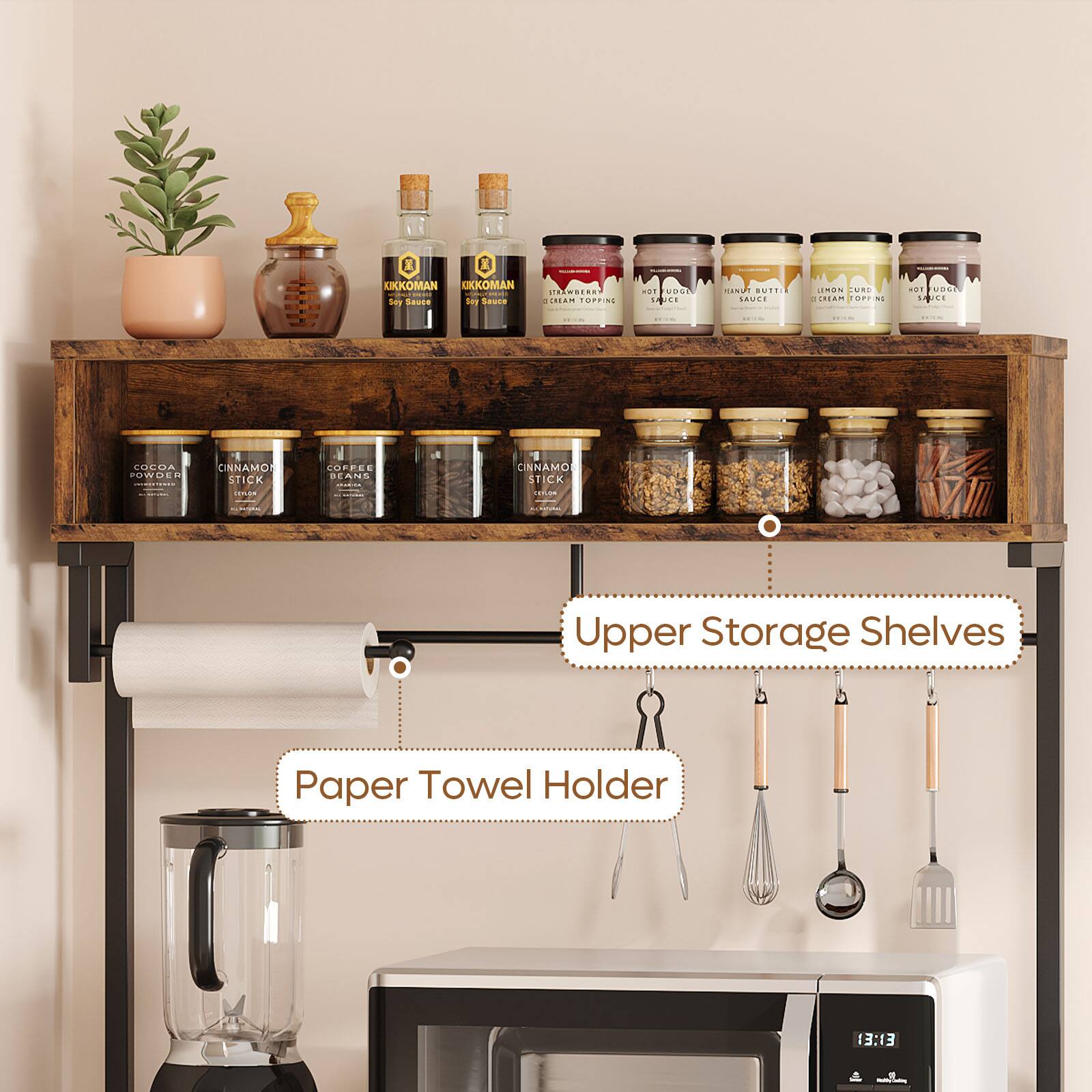 - Kikkoman Soy Sauce
- Cinnamon Stick
- Coffee Beans
- Cocoa Powder
- Amo Butter
- Hot Sauce
- Onion Puree
- Hot Sauce
- Upper Storage Shelves
- Paper Towel Holder
- 13:13