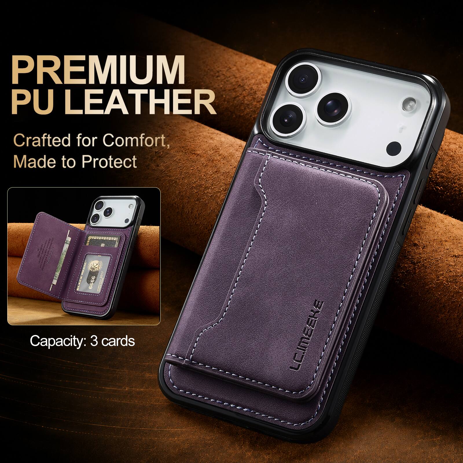 PREMIUM PU LEATHER  
Crafted for Comfort, Made to Protect  
Capacity: 3 cards  
LC.IMEEKE