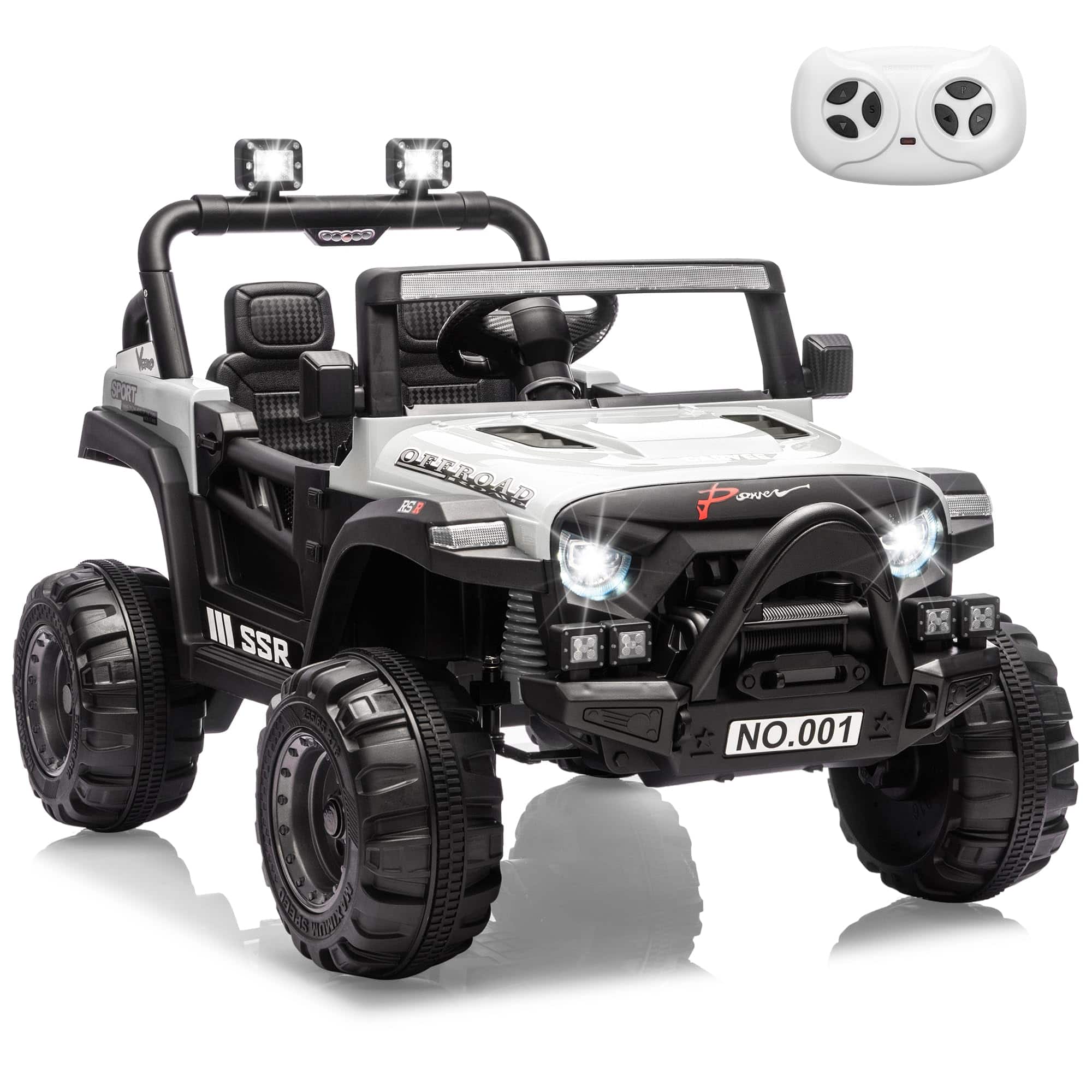 Babevy - 12V Kids Ride-On Truck Car, Battery Powered Vehicles with Remote, Bluetooth Music, LED Lights, Spring Suspension - White