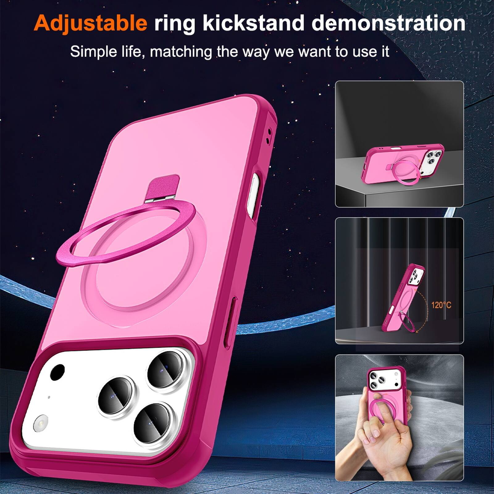 Adjustable ring kickstand demonstration  
Simple life, matching the way we want to use it  
120°