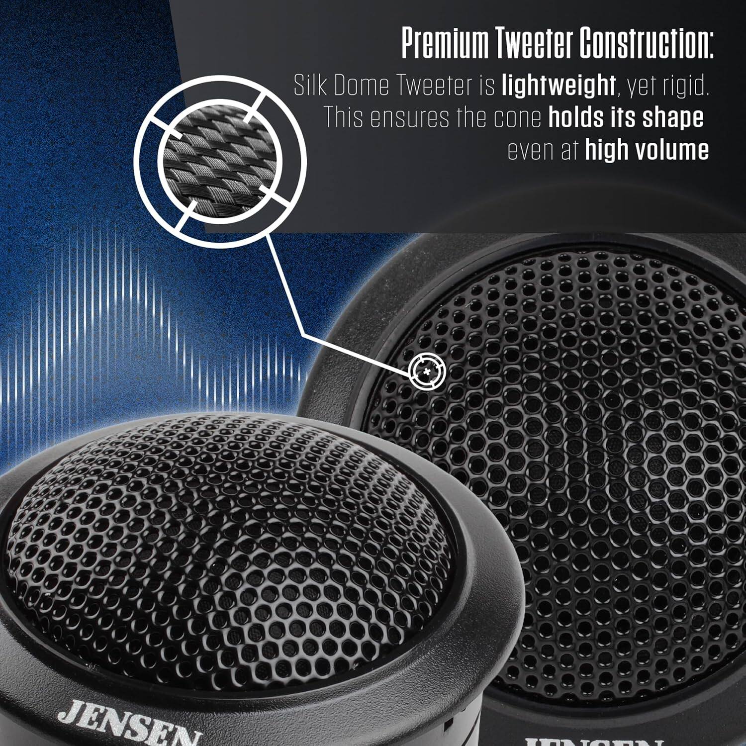 Premium Tweeter Construction: Silk Dome Tweeter is lightweight, yet rigid. This ensures the cone holds its shape even at high volume.