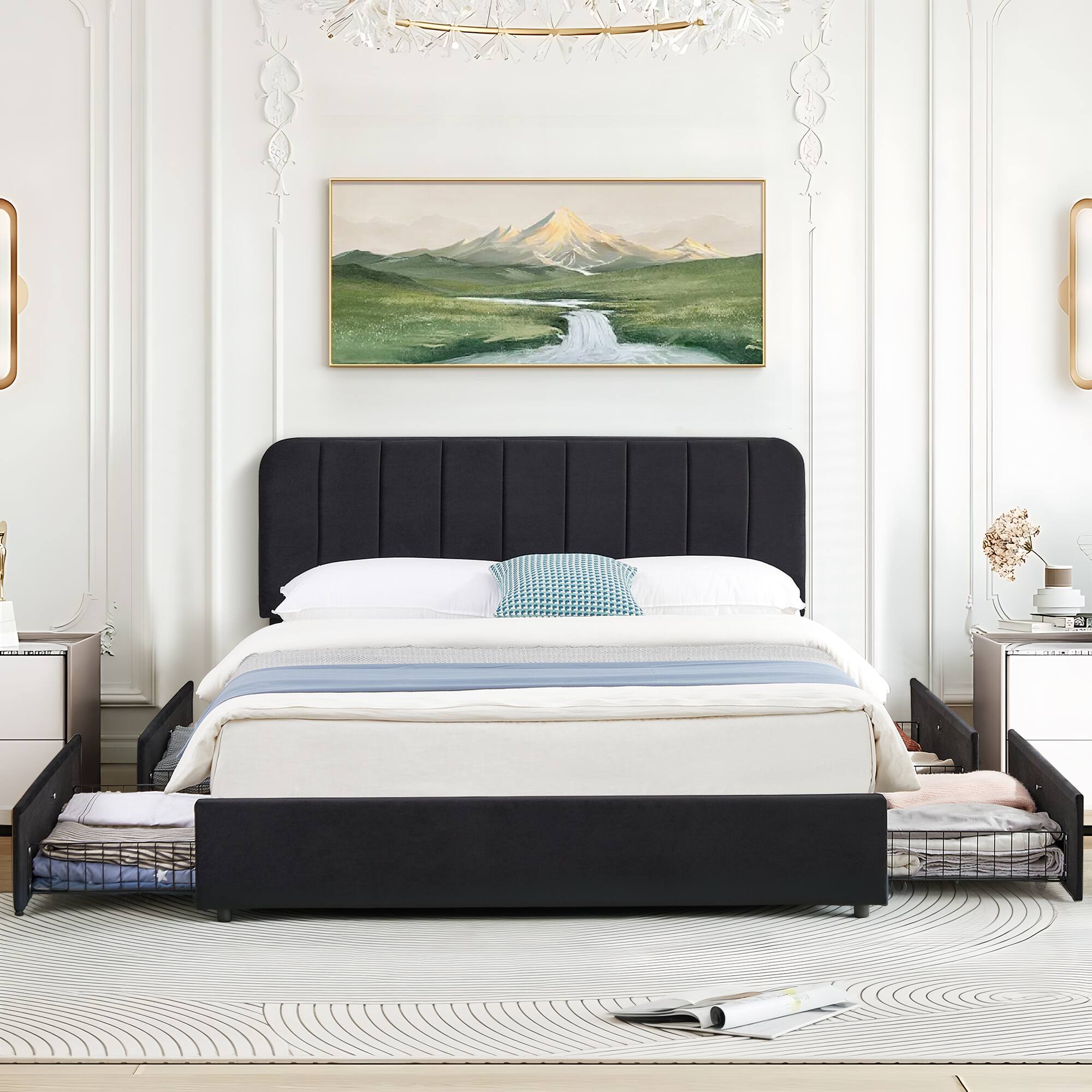 Alt View 4. Vecelo - Full Size Storage Bed Frame with 4 Drawers - Velvet Upholstered, Adjustable Headboard, 800lb Capacity, Noise Free - Black.