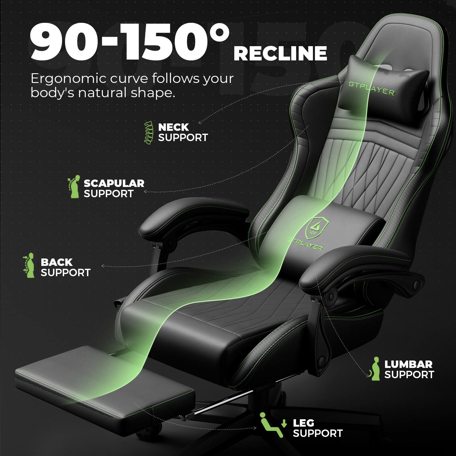 GTPLAYER 90-150° RECLINE Ergonomic curve follows your body's natural shape. GTPLAYER NECK SUPPORT SCAPULAR SUPPORT BACK SUPPORT LUMBAR SUPPORT LEG SUPPORT